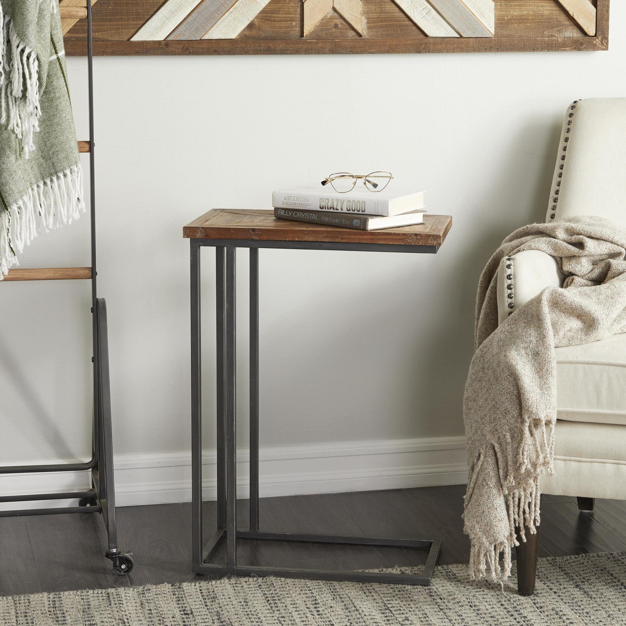 Black Metal C-Shaped Side End Accent Table with Brown Wood Top