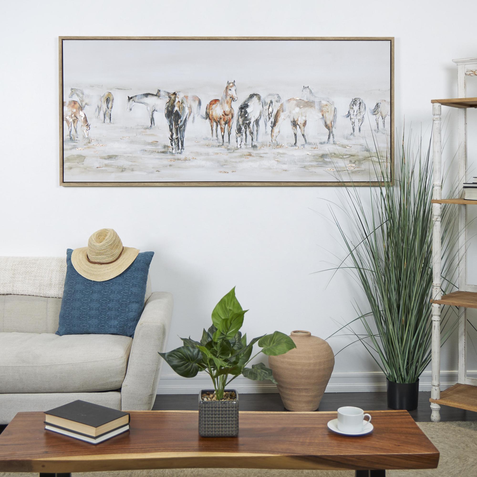 Horse Brown Canvas Decorative Wall Art with Wooden Frame and Gold Foil Accents