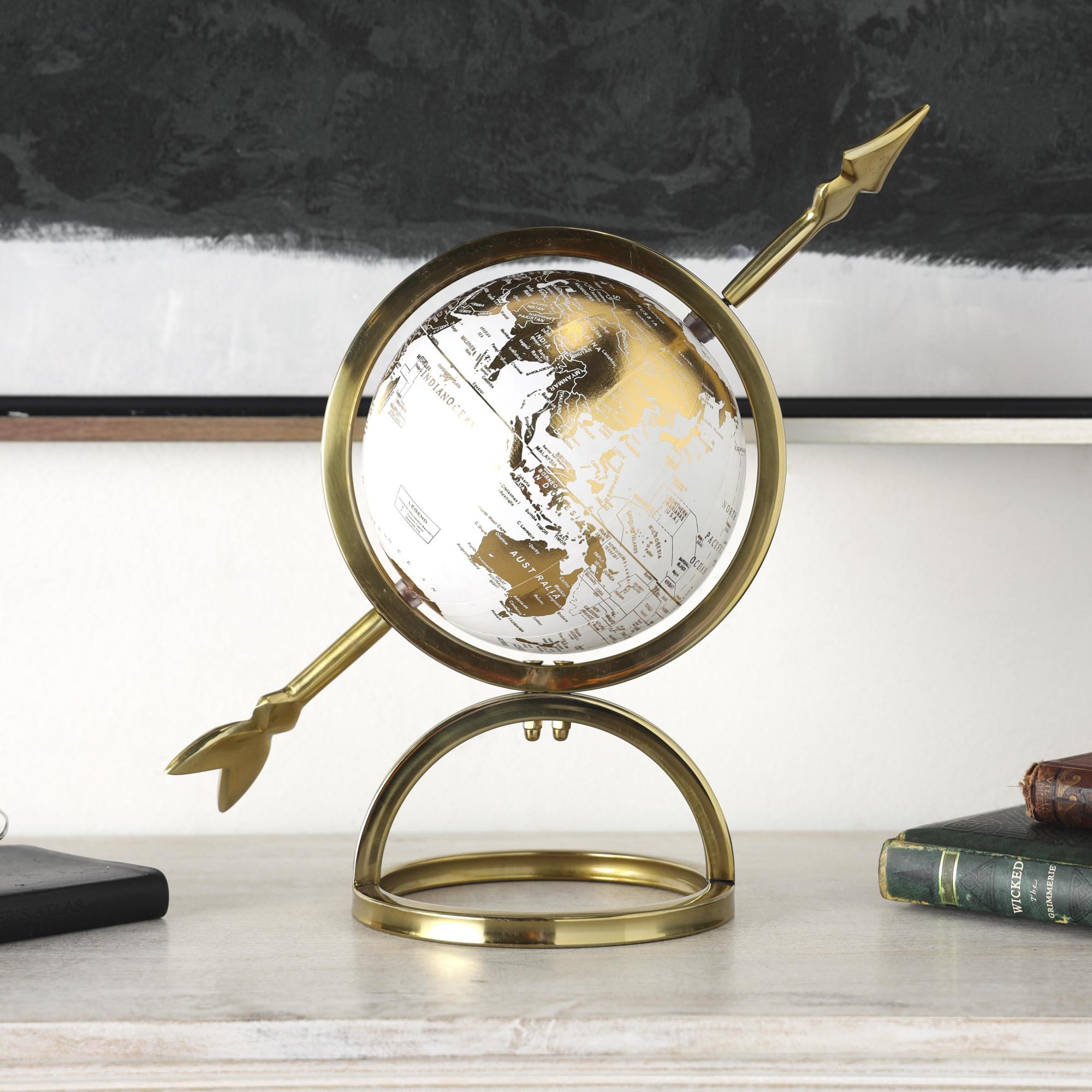 Armillary Gold Aluminum Metal Educational/Geographic Earth Globe with White Center