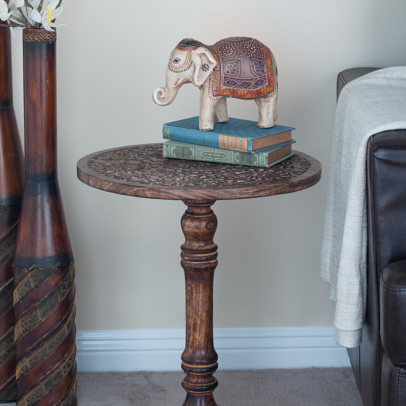 Elephant Mango Wood Handmade Intricately Carved Side End Accent Table with Turned Base
