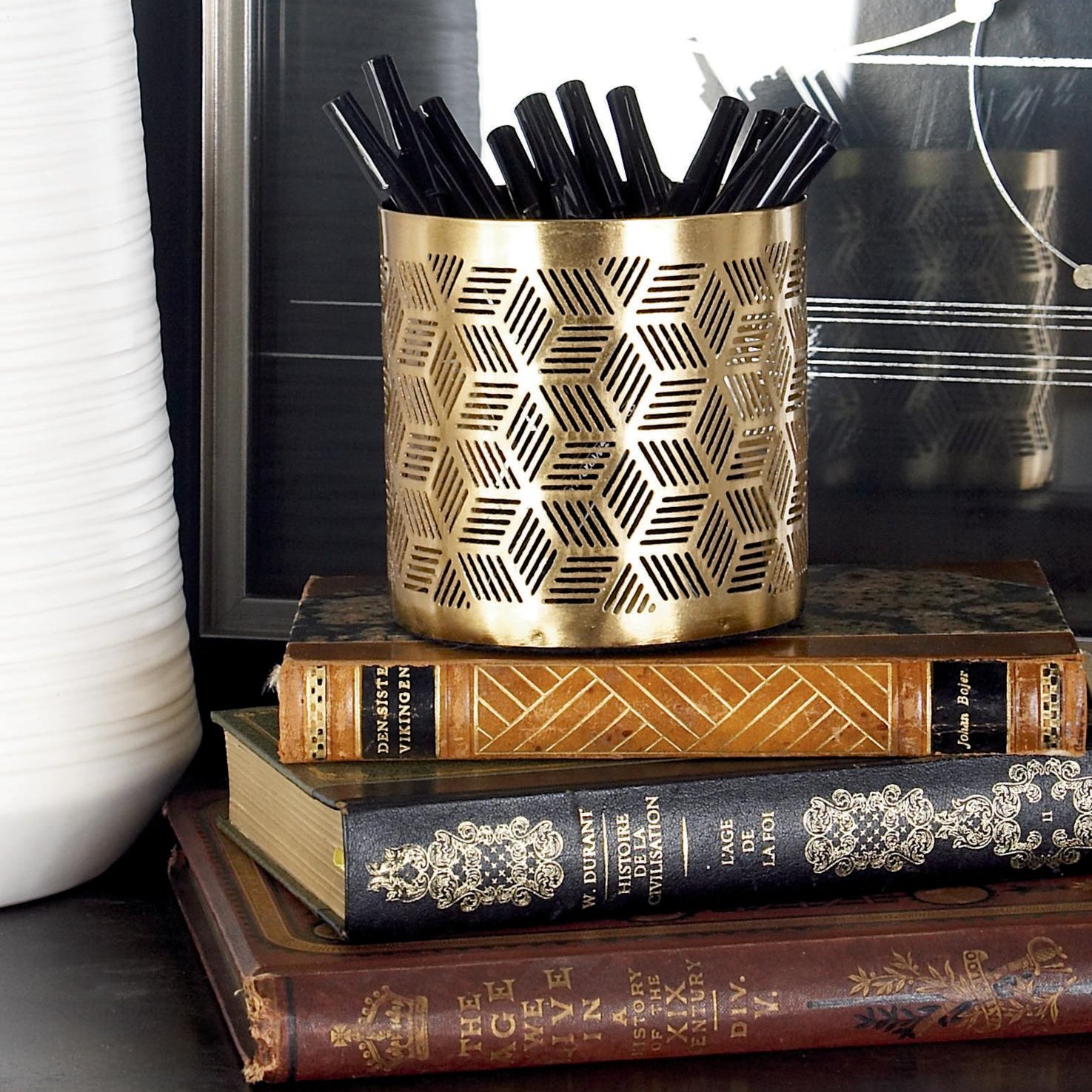 Floral Metal Pencil Cup with Laser Carved Design 4" x 4" x 4"