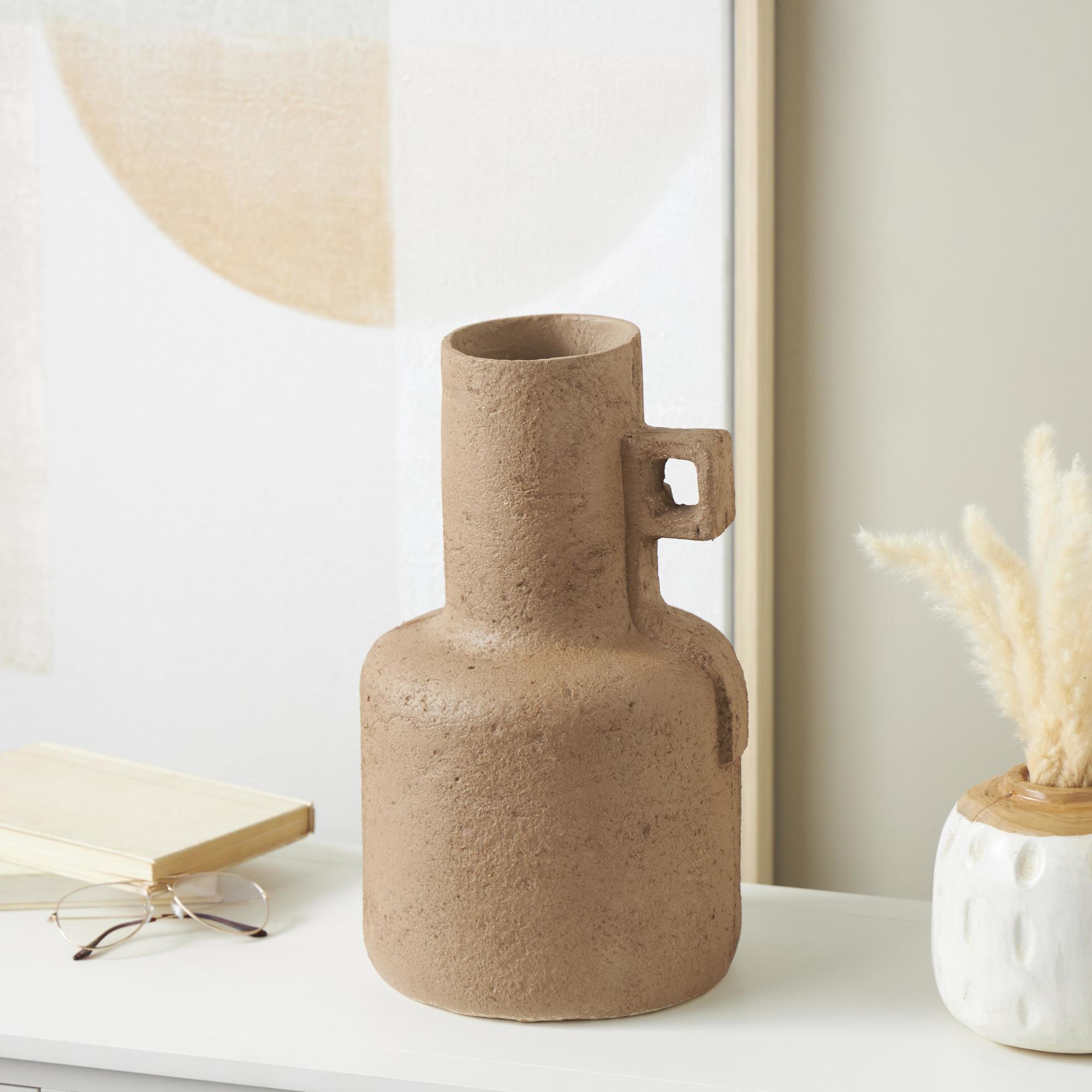 Abstract Brown Paper Mache Distressed Textured Decorative Vase with Triangular Handle