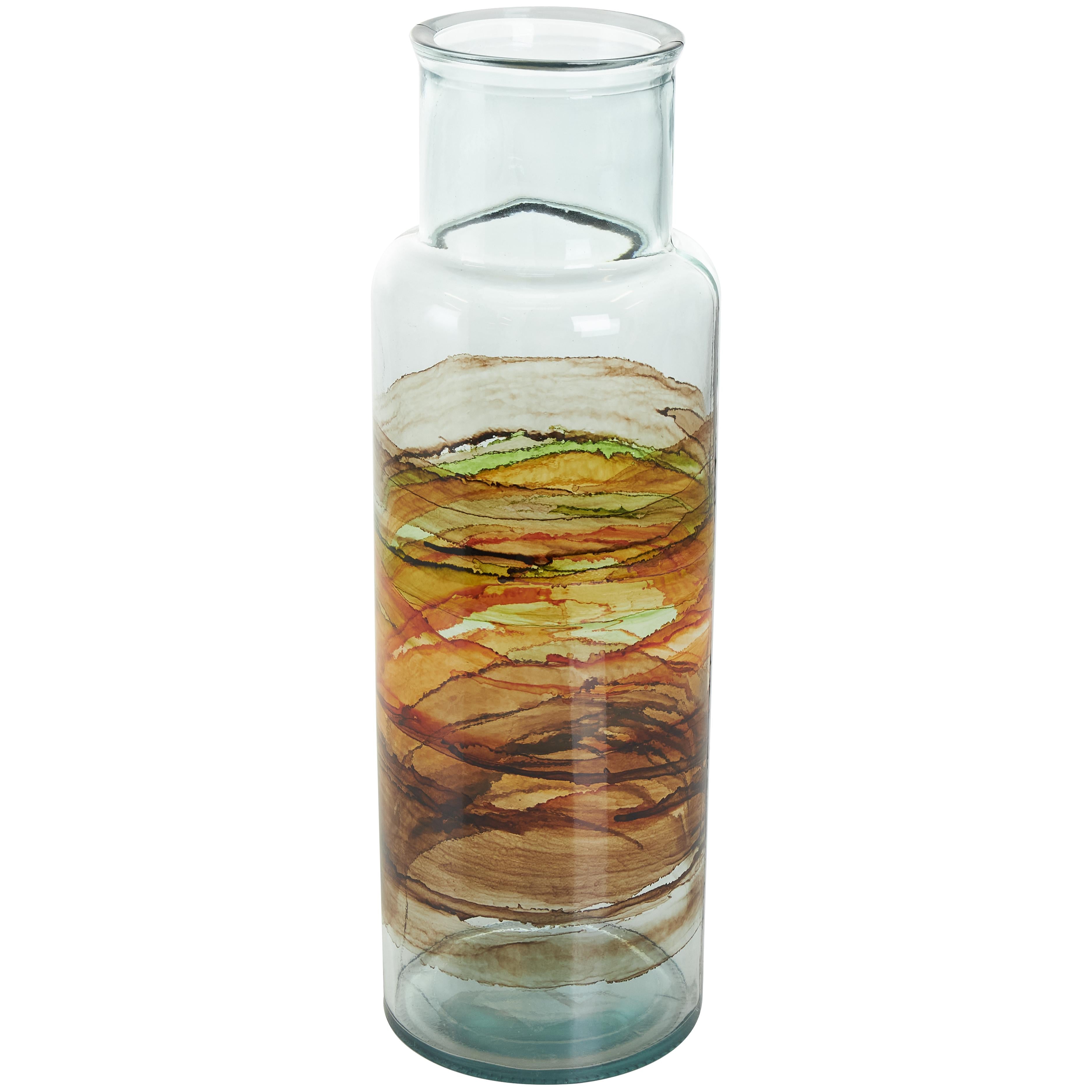 Abstract Recycled Glass Handmade Slim Spanish Bottle Neck Decorative Vase with Ombre Swirled Bands