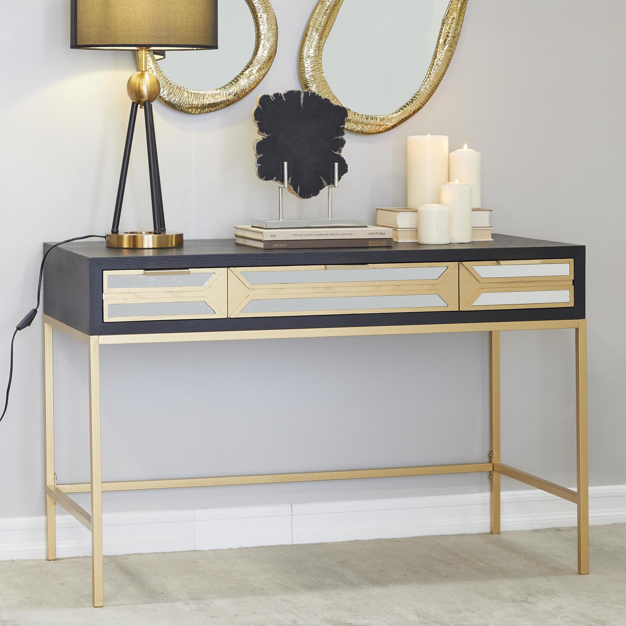 Black Wooden 3 Drawer Desk with Mirrored Front and Outlet