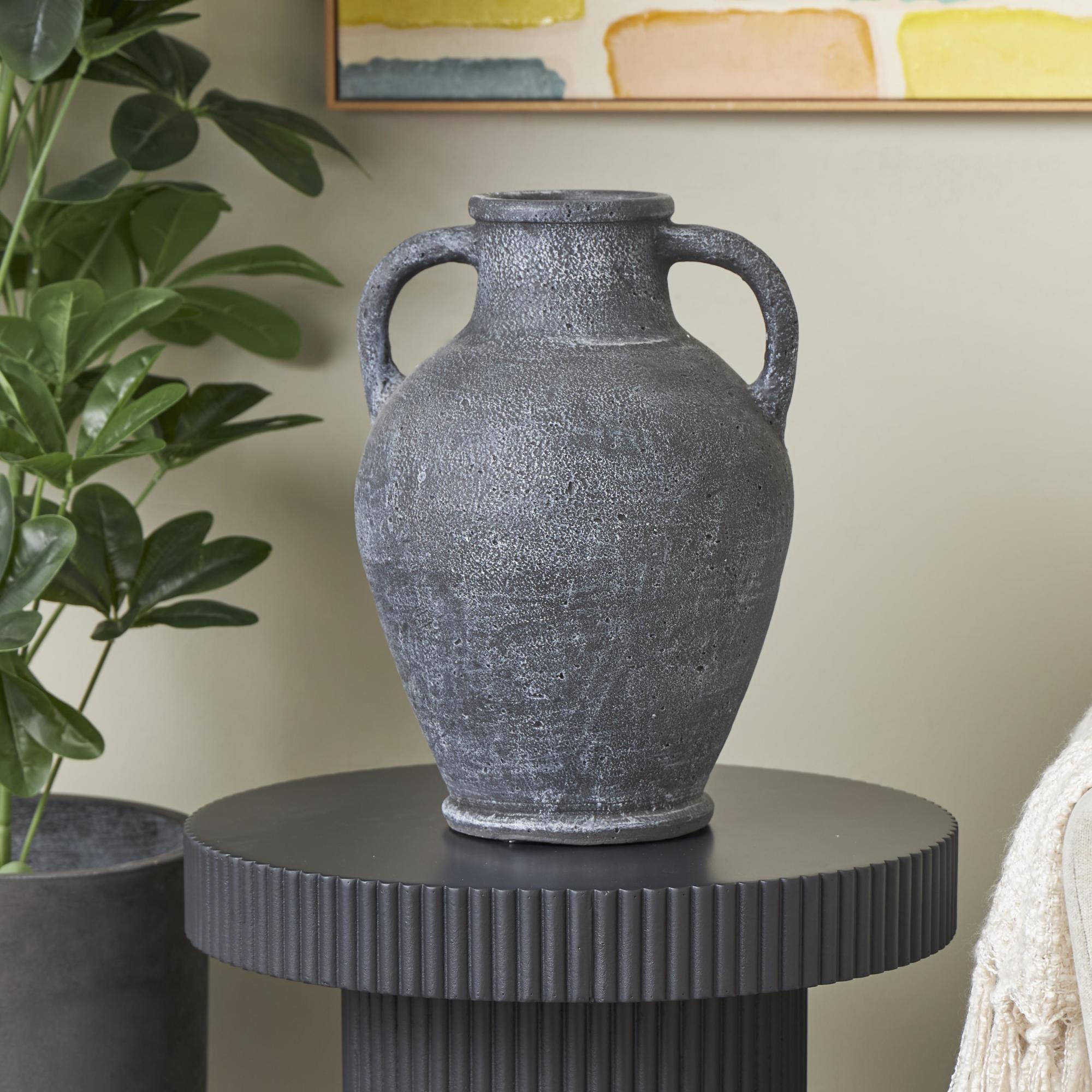 Black Ceramic Whitewashed Textured Amphora Decorative Vase with 2 Handles