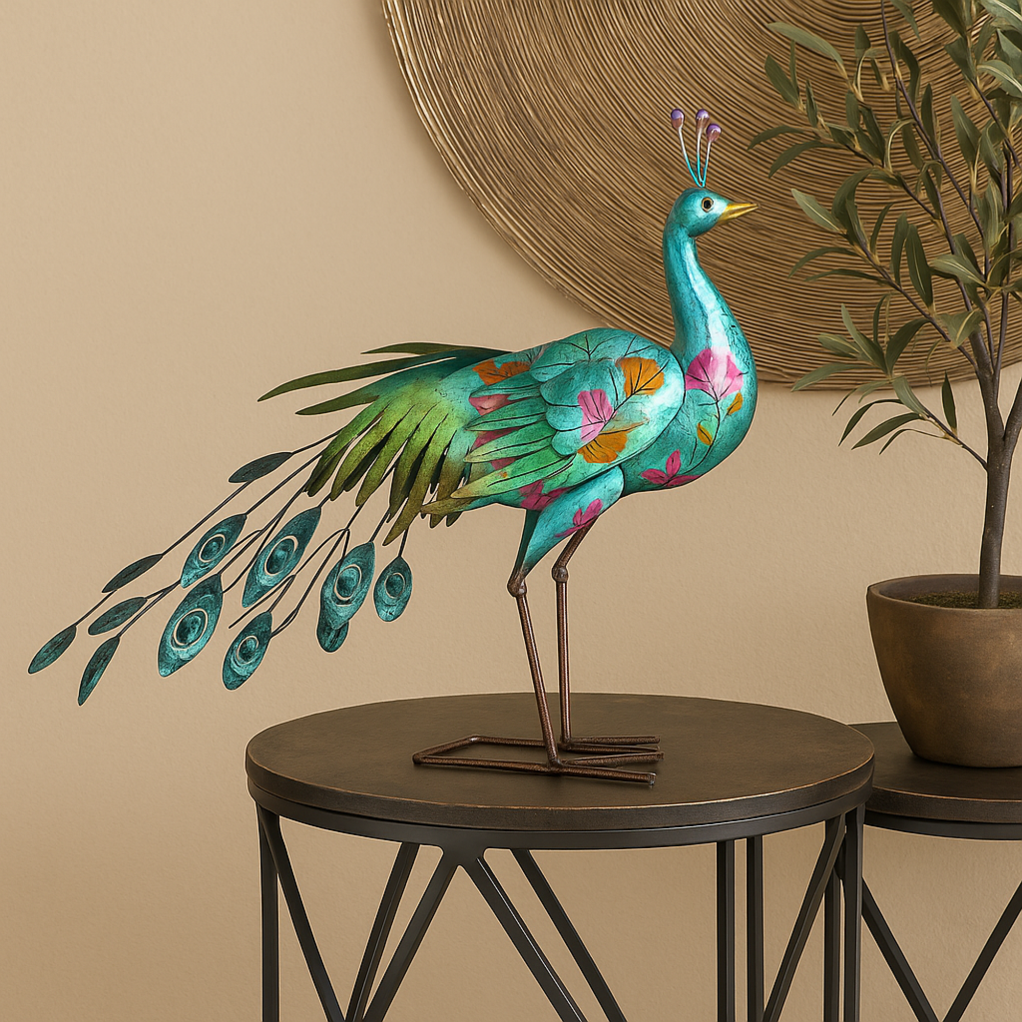 Peacock Teal Metal Indoor Outdoor Decorative Garden Sculpture with Crystal Accents