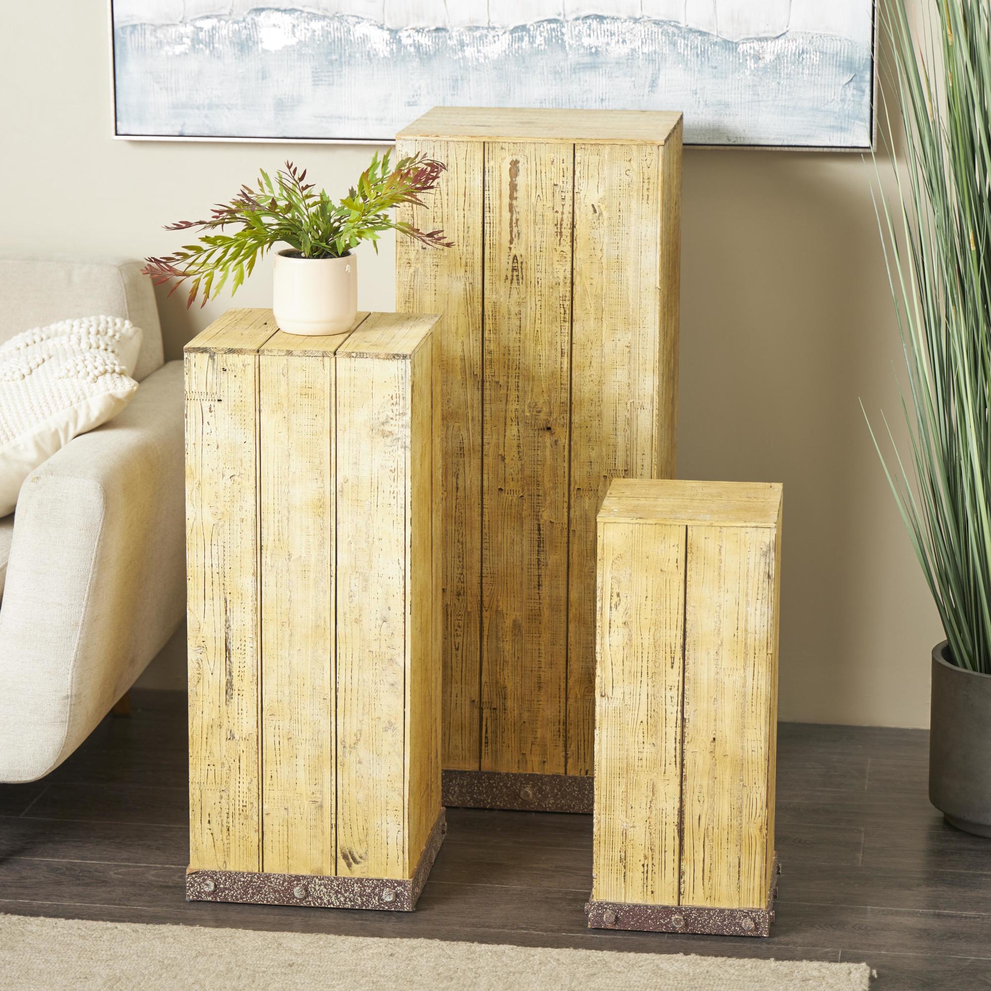 Set of 3 Brown Wood Side End Pedestal Table