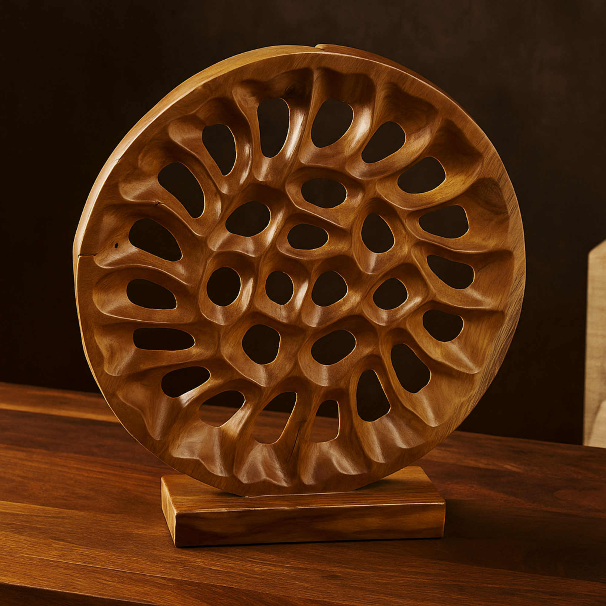Abstract Brown Teak Wood Handmade Circular Cutout Decorative Sculpture
