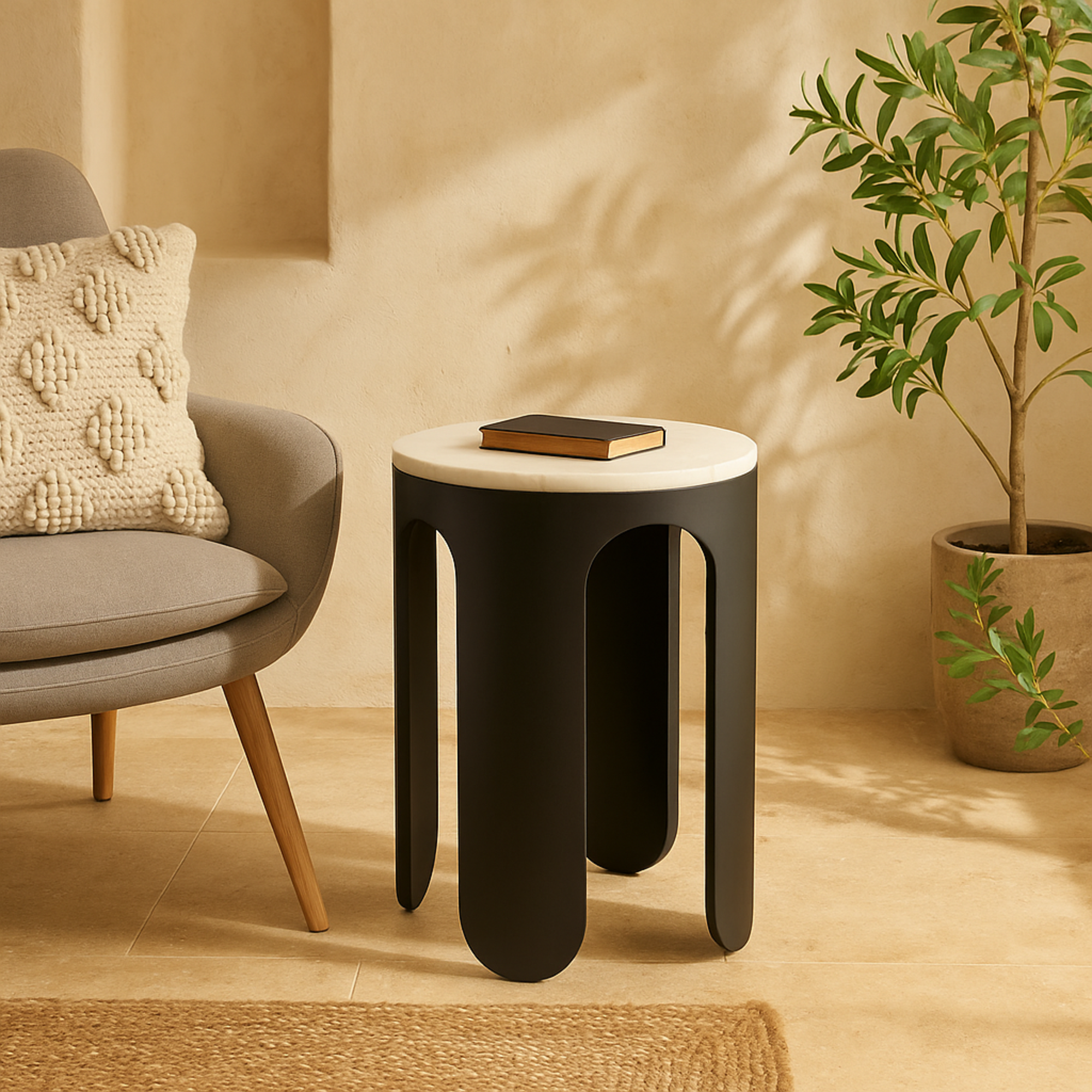 Black Metal Round Side End Accent Table with White Marble Tabletop
