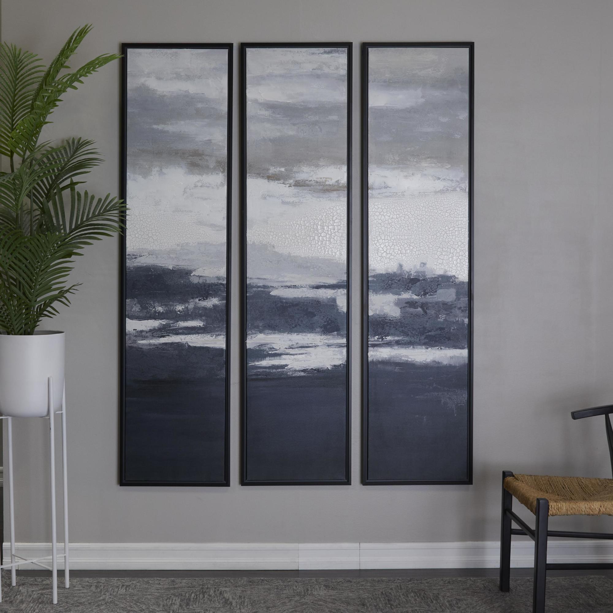Set of 3 Landscape Dark Blue Canvas Abstract Textured Panel Living Room Framed Wall Art with Black Frames