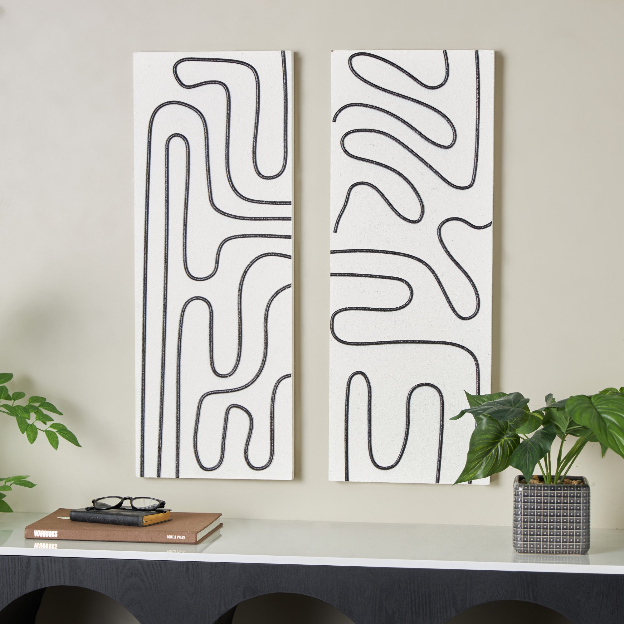 Set of 2 Geometric White Wood Decorative Wall Art with Black Accents