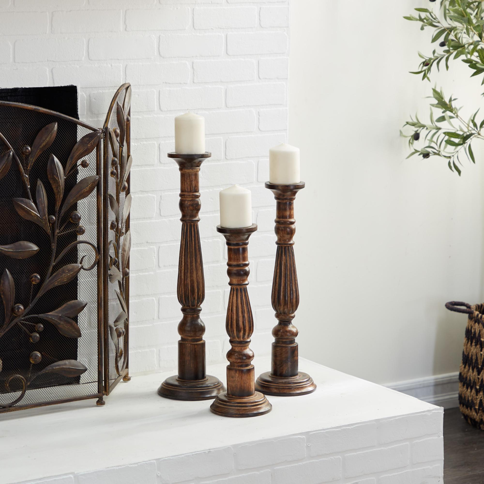 Set of 3 Brown Mango Wood Tall Turned Decorative Candle Holder