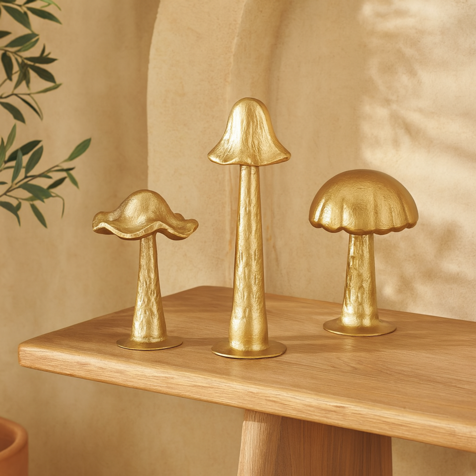 Set of 3 Mushroom Gold Metal Metallic Decorative Sculpture with Round Base