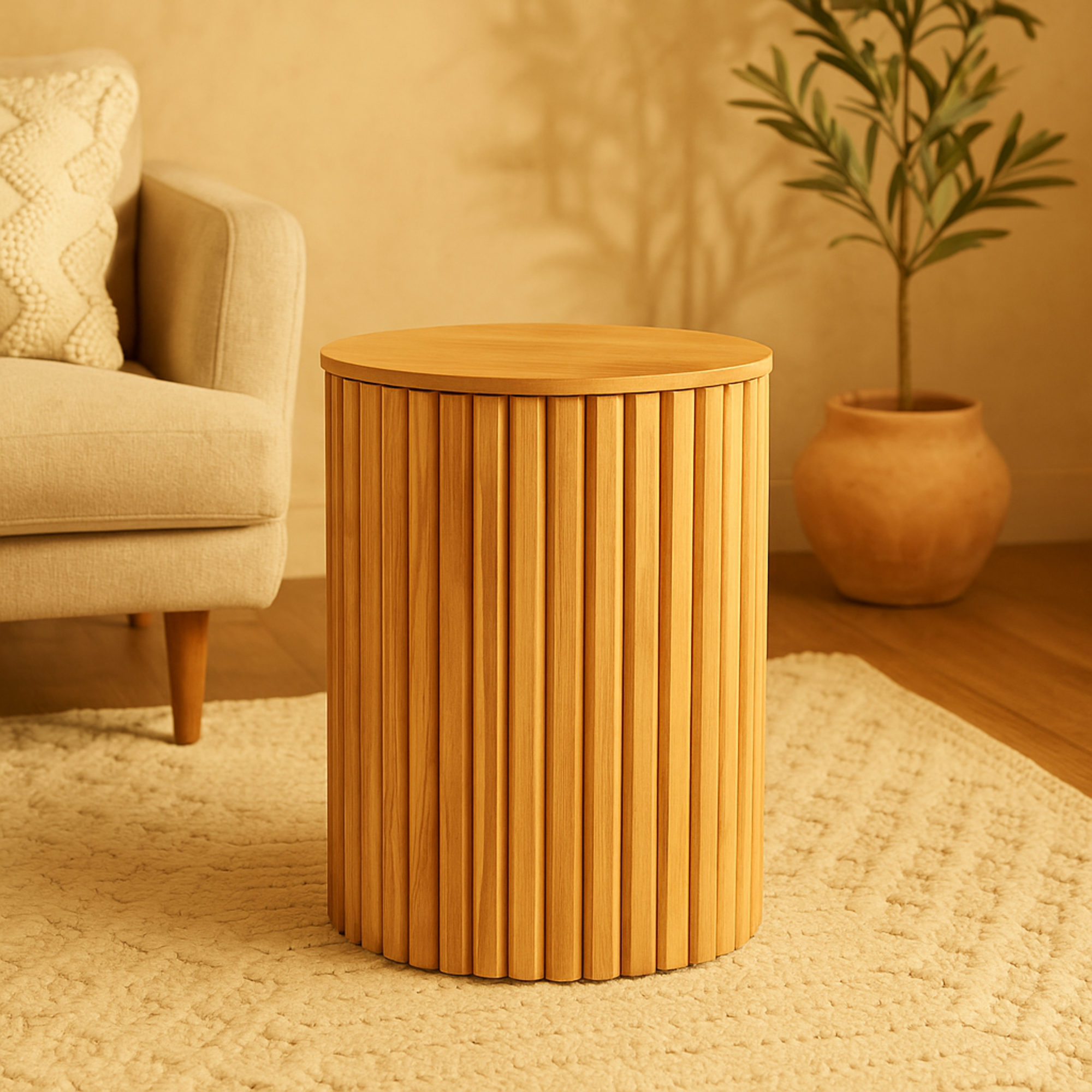 Wood Handmade Ribbed Storage Side End Accent Table with Slatted Base