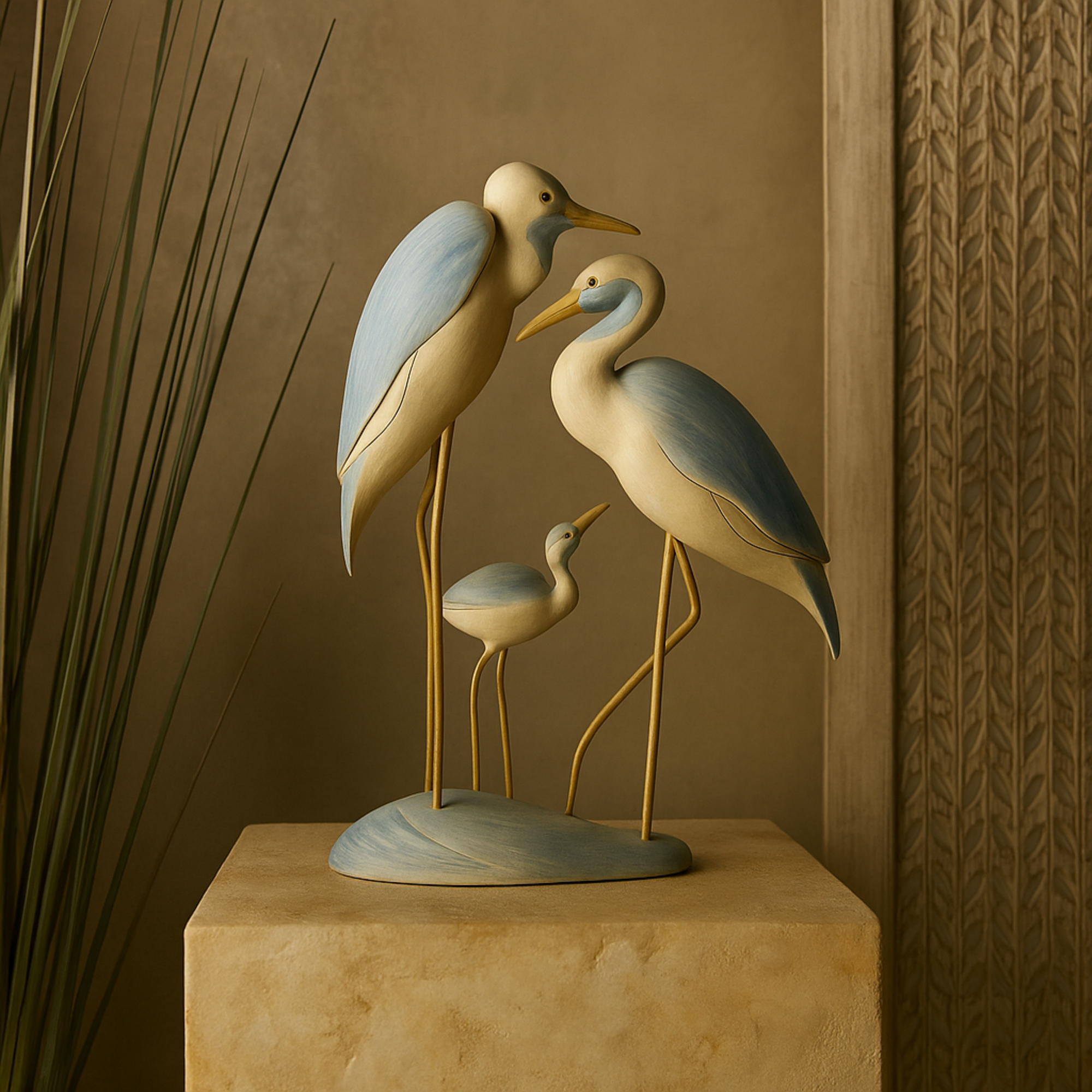 Bird Light Blue Polyresin Family Decorative Sculpture with Yellow Accents