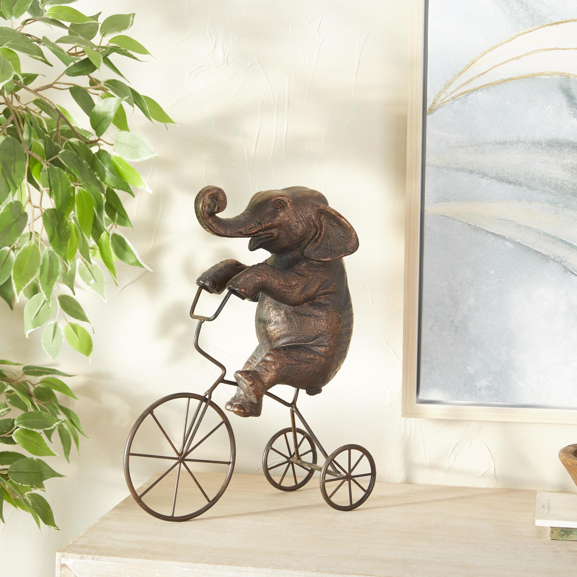 Elephant Bronze Polystone Decorative Sculpture with Bicycle