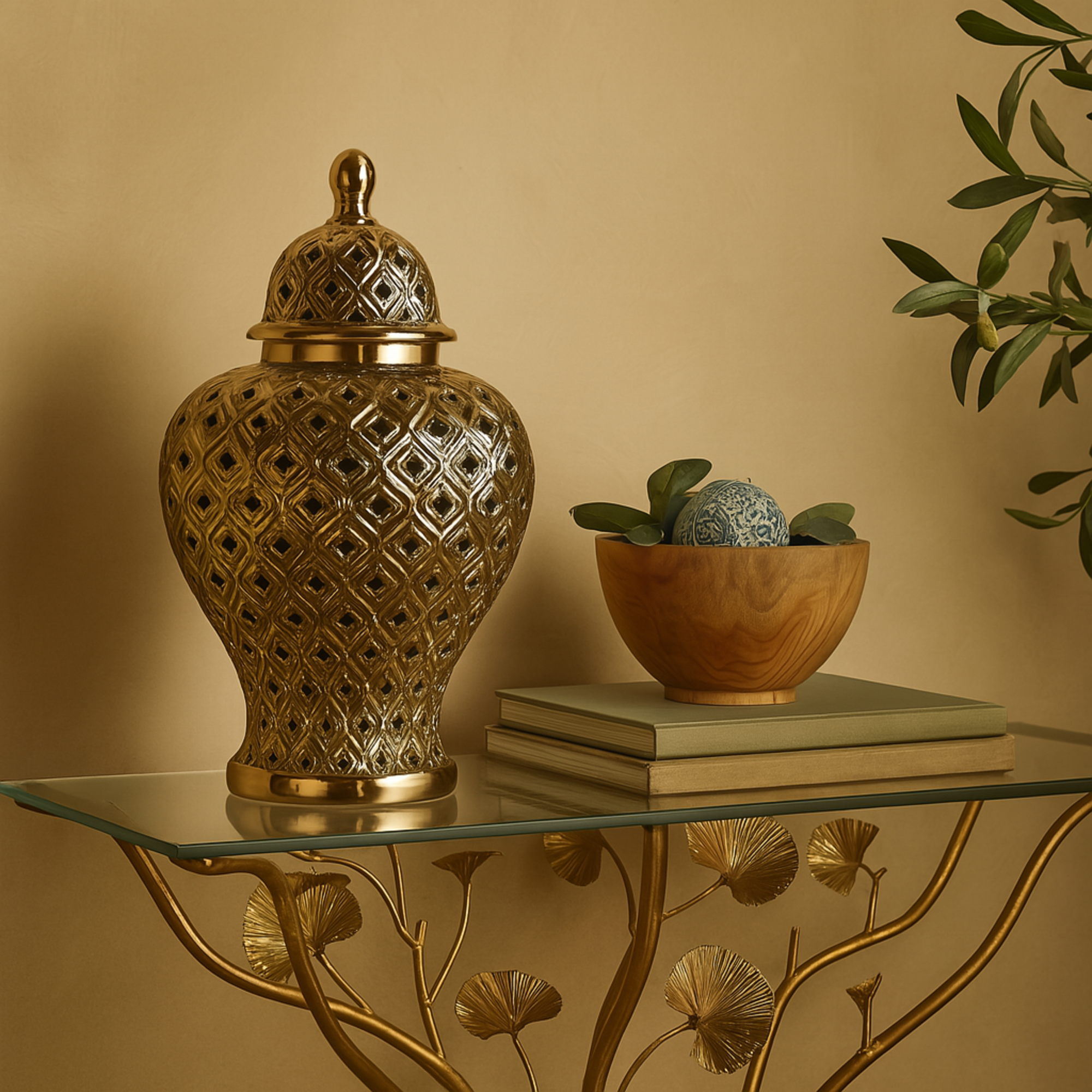 Gold Ceramic Living Room Decorative Jars with Geometric Cutout Design and Lid