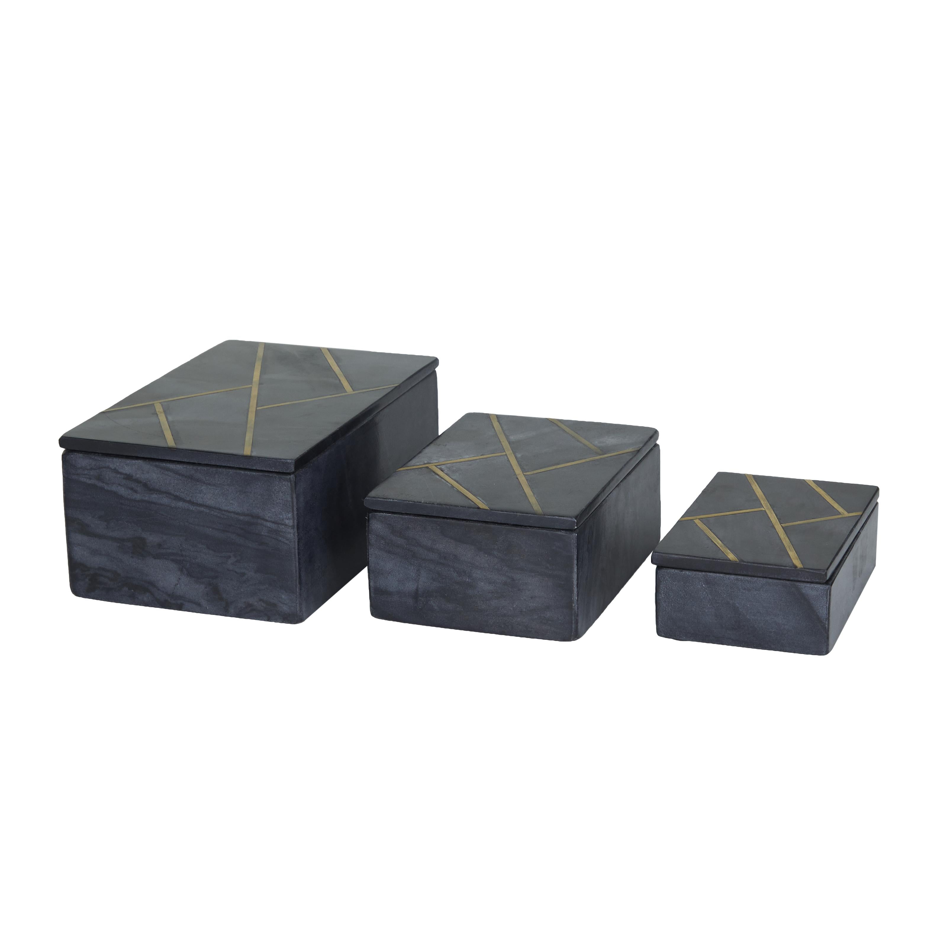 CosmoLiving by Cosmopolitan Set of 3 Marble Decorative Box with Gold Linear Lines