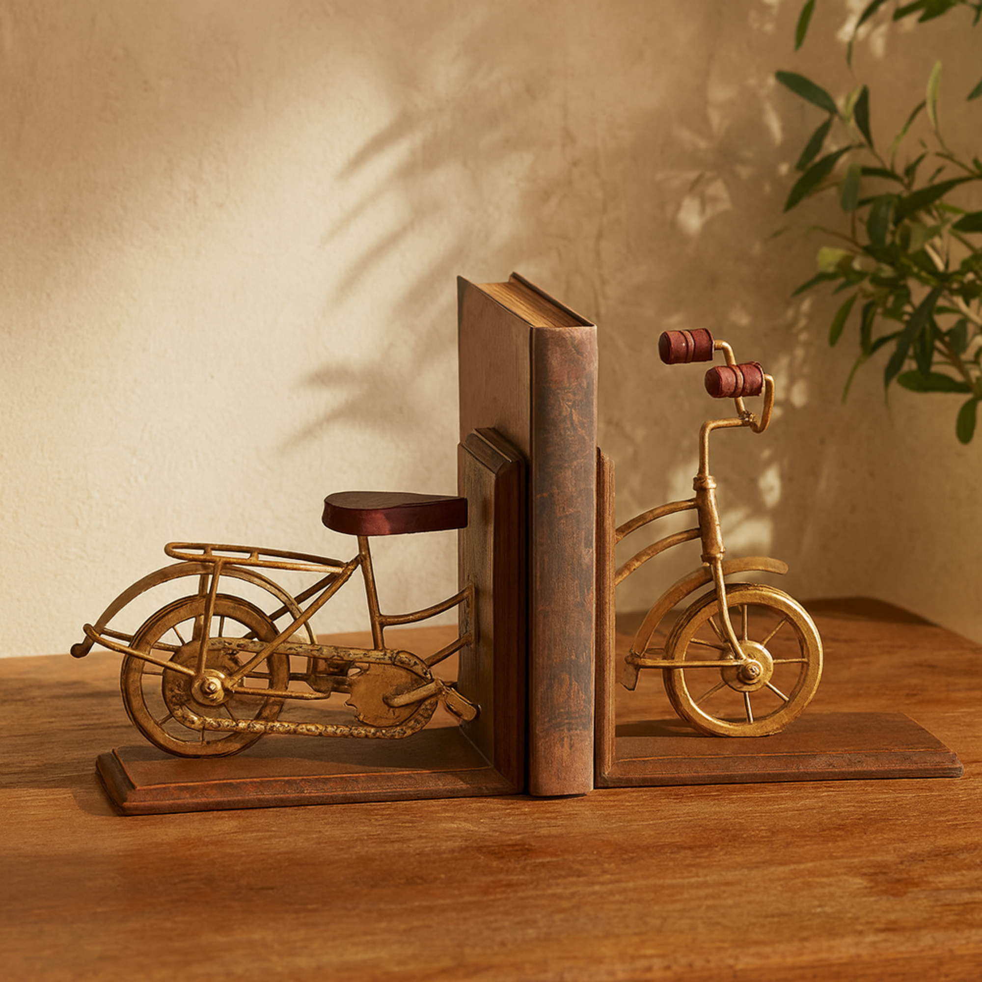 Set of 2 Bike Brass Wooden Decorative Bookends