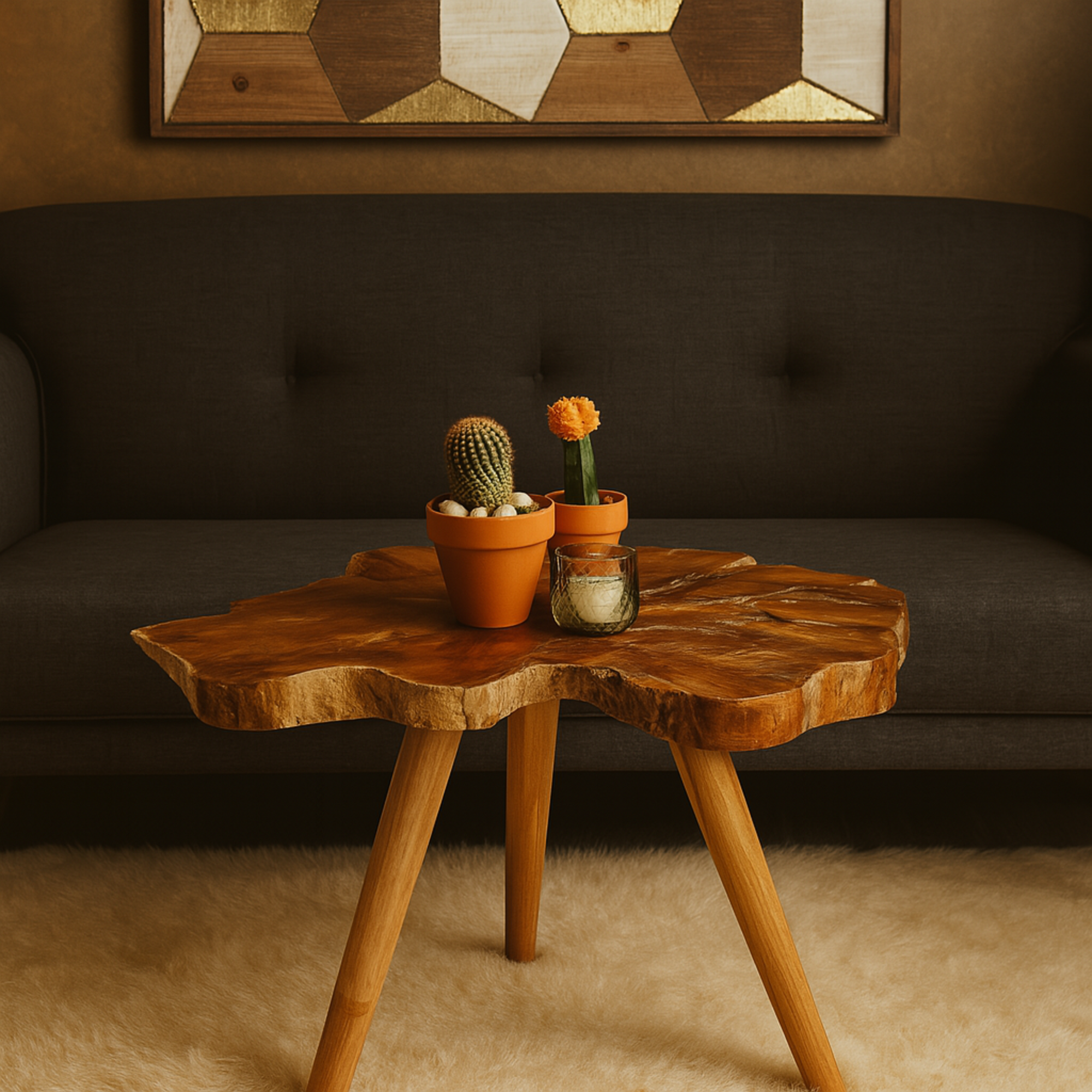 Brown Teak Wood Handmade Live Edge Side End Accent Table with Tripod Legs