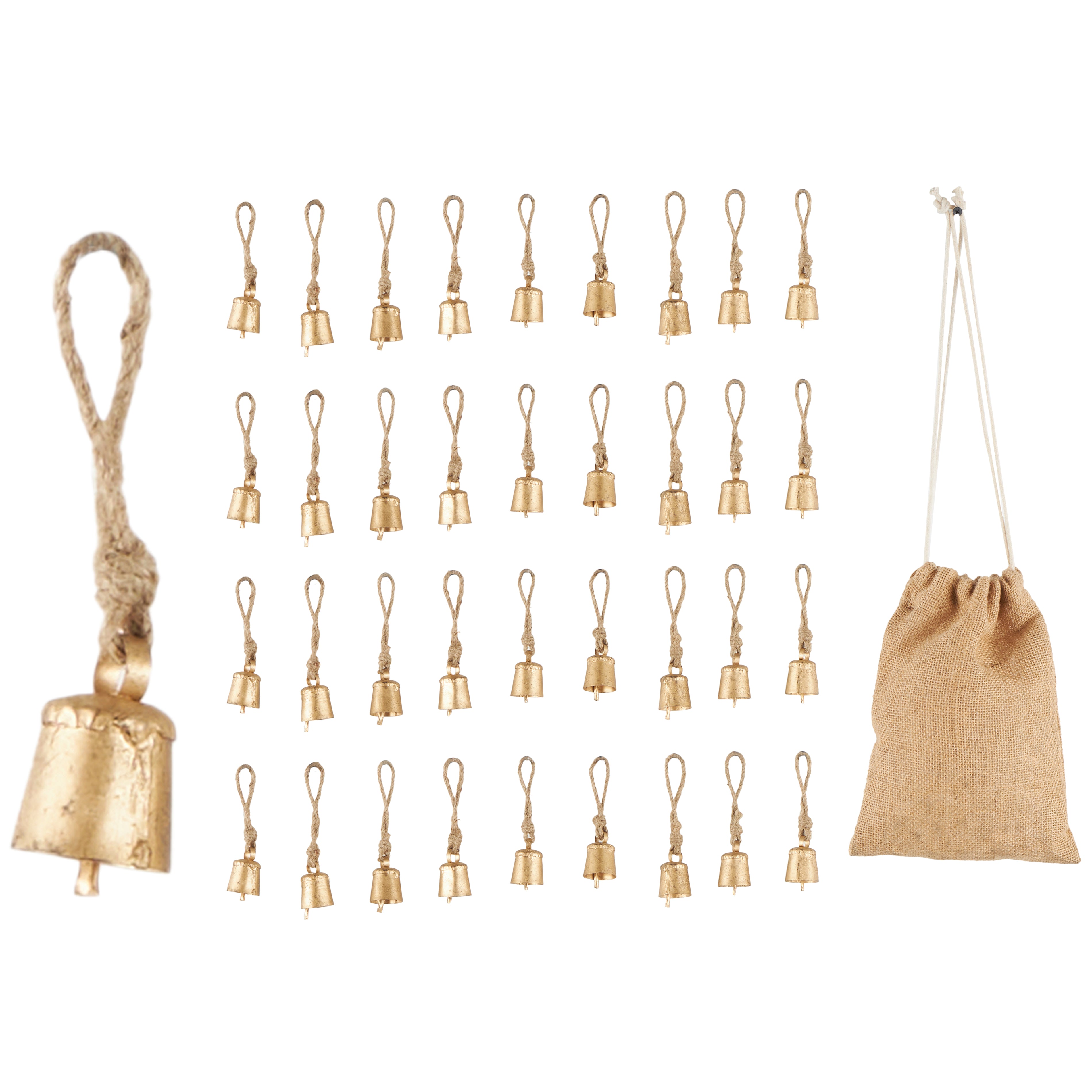 Set of 36 Bell Gold Metal Tibetan Inspired Indoor Outdoor Decorative Bells with Brown Jute Rope and Canvas Tote