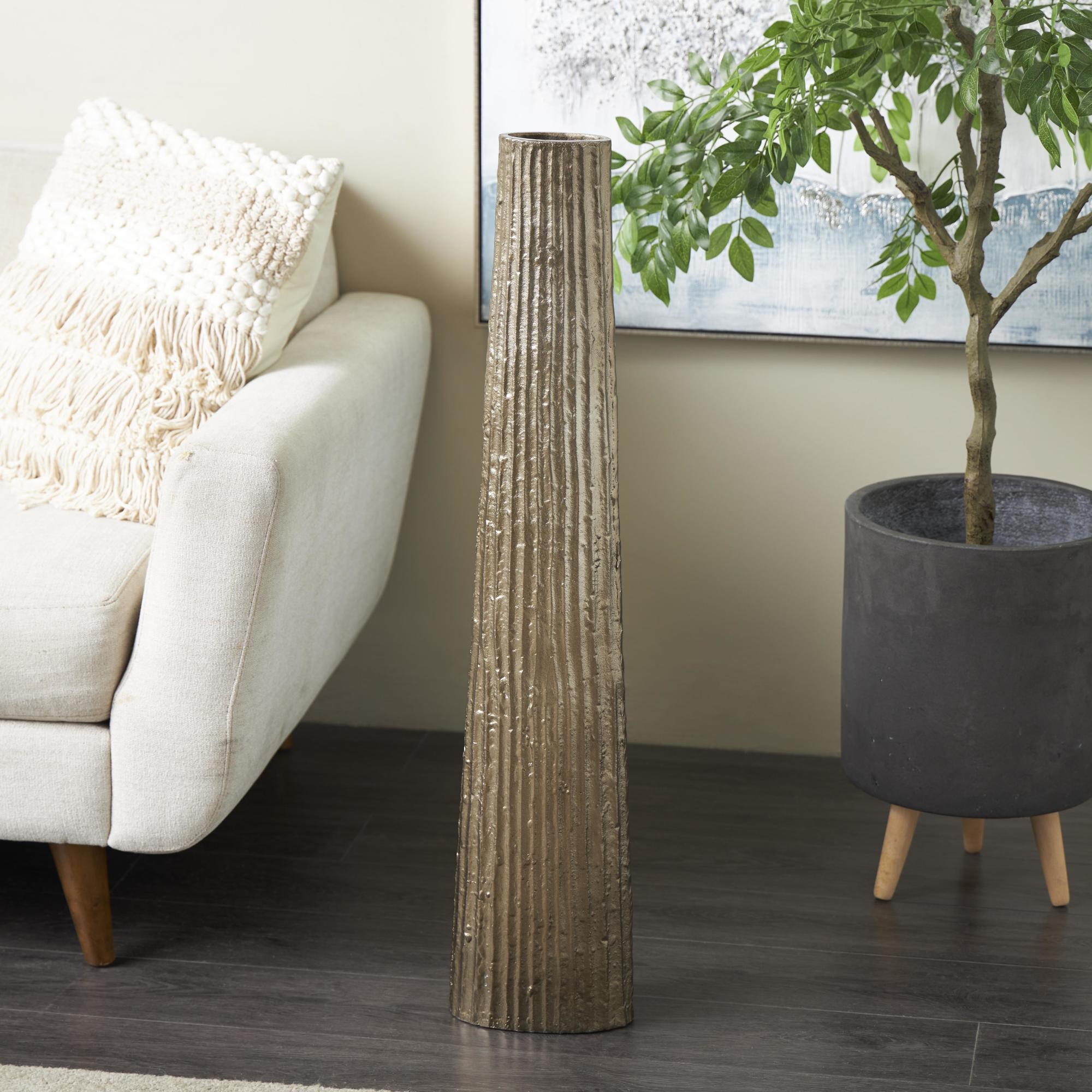 Brass Aluminum Metal Slim Flat Tall Floor Cone Decorative Vase with Textured Ridges