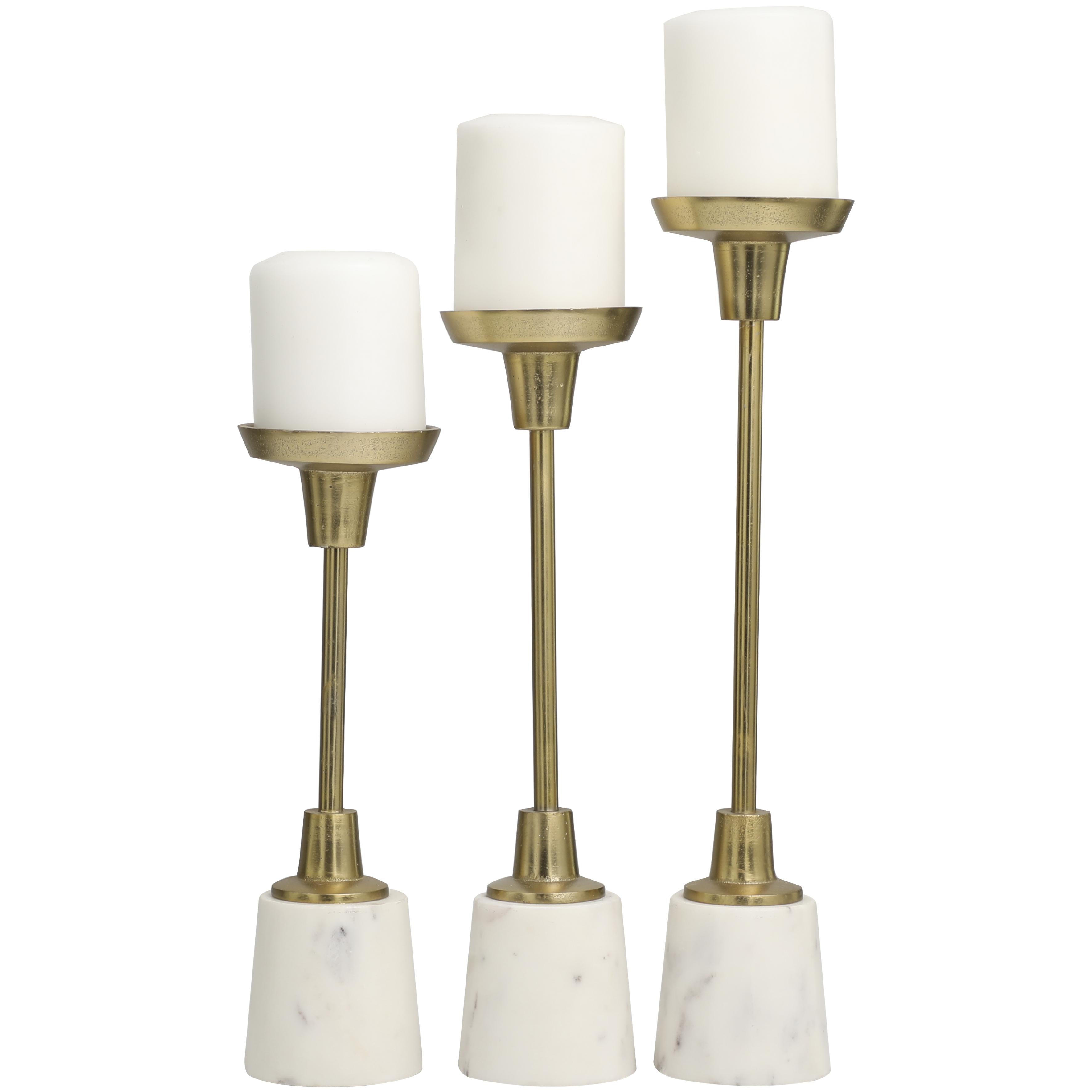 Set of 3 Gold Aluminum Metal Slim Decorative Candle Holder with White Marble Base