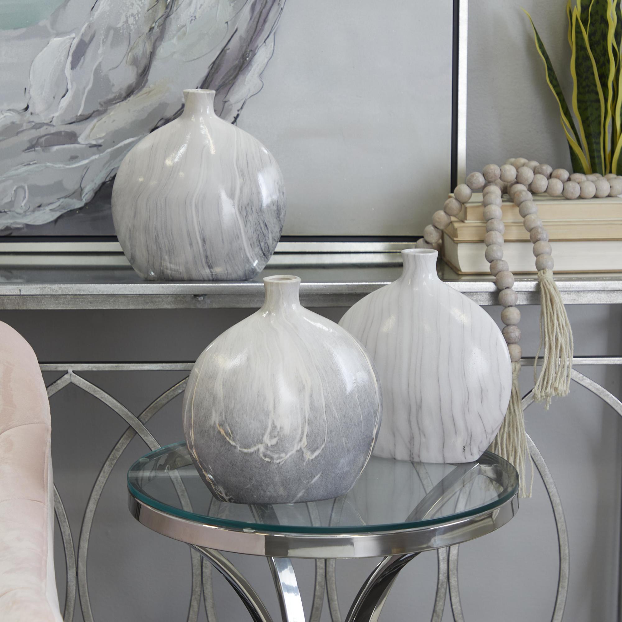 Set of 3 Gray Ceramic Faux Marble Decorative Vase