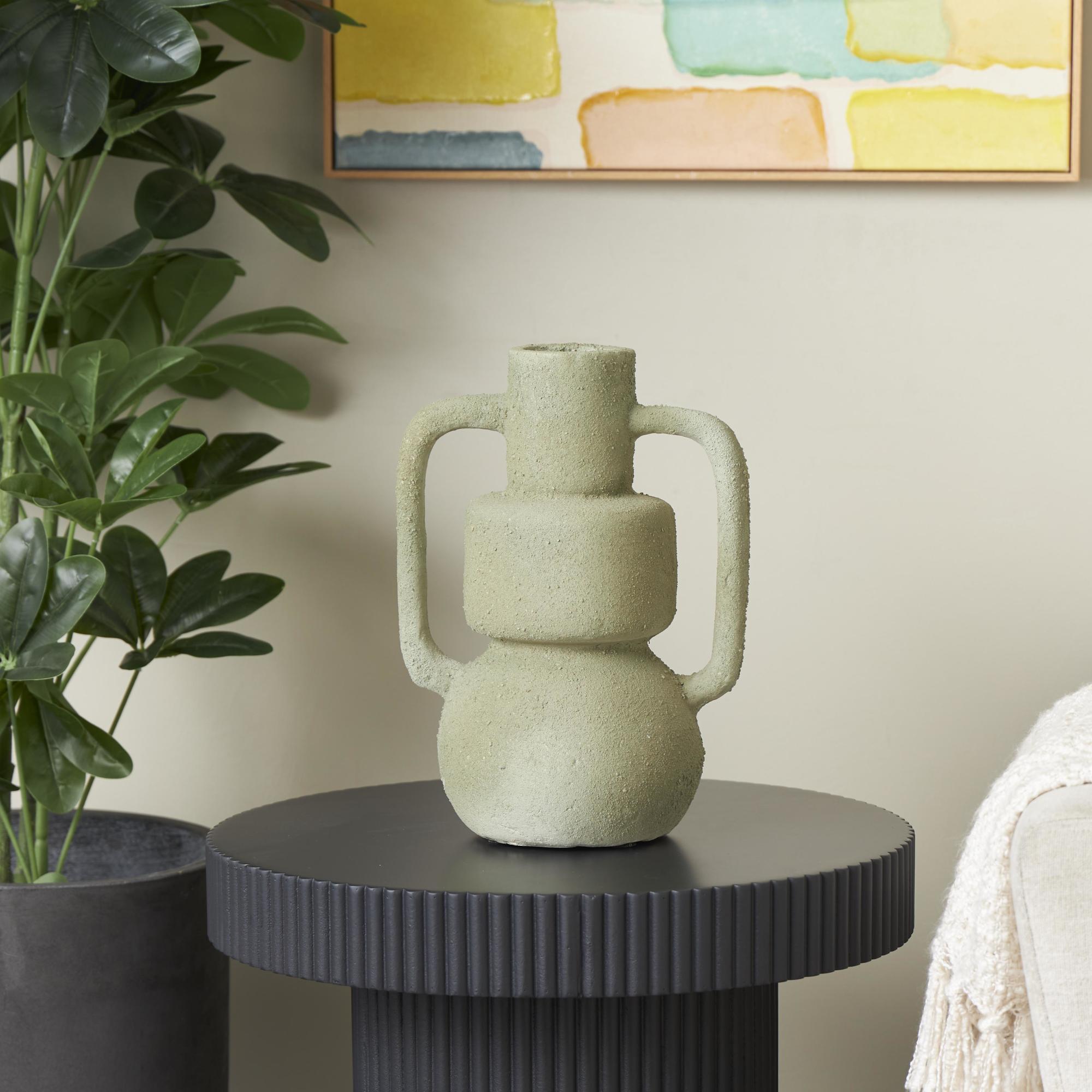 Abstract Light Gray Paper Mache Textured Decorative Vase with Squared Handles
