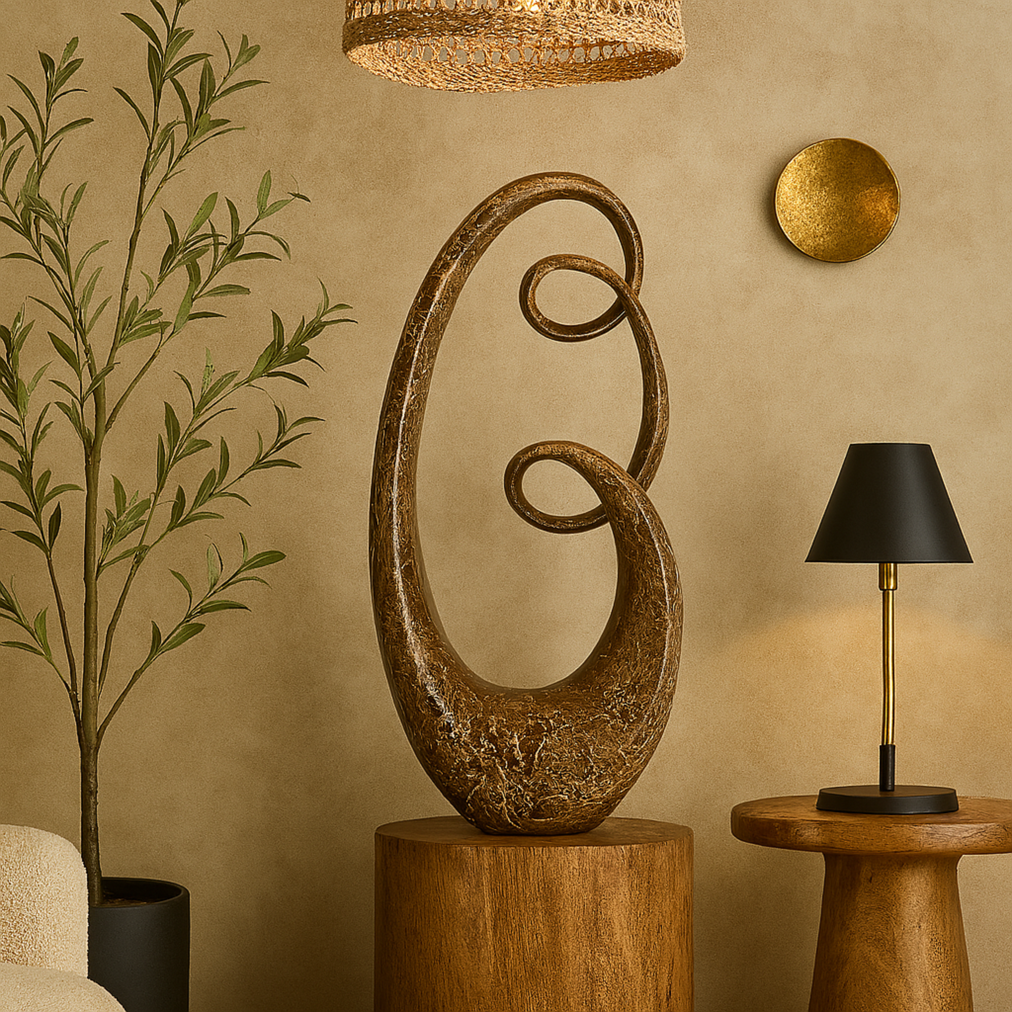 Abstract Brown Polystone Tall Textured Swirl Decorative Sculpture