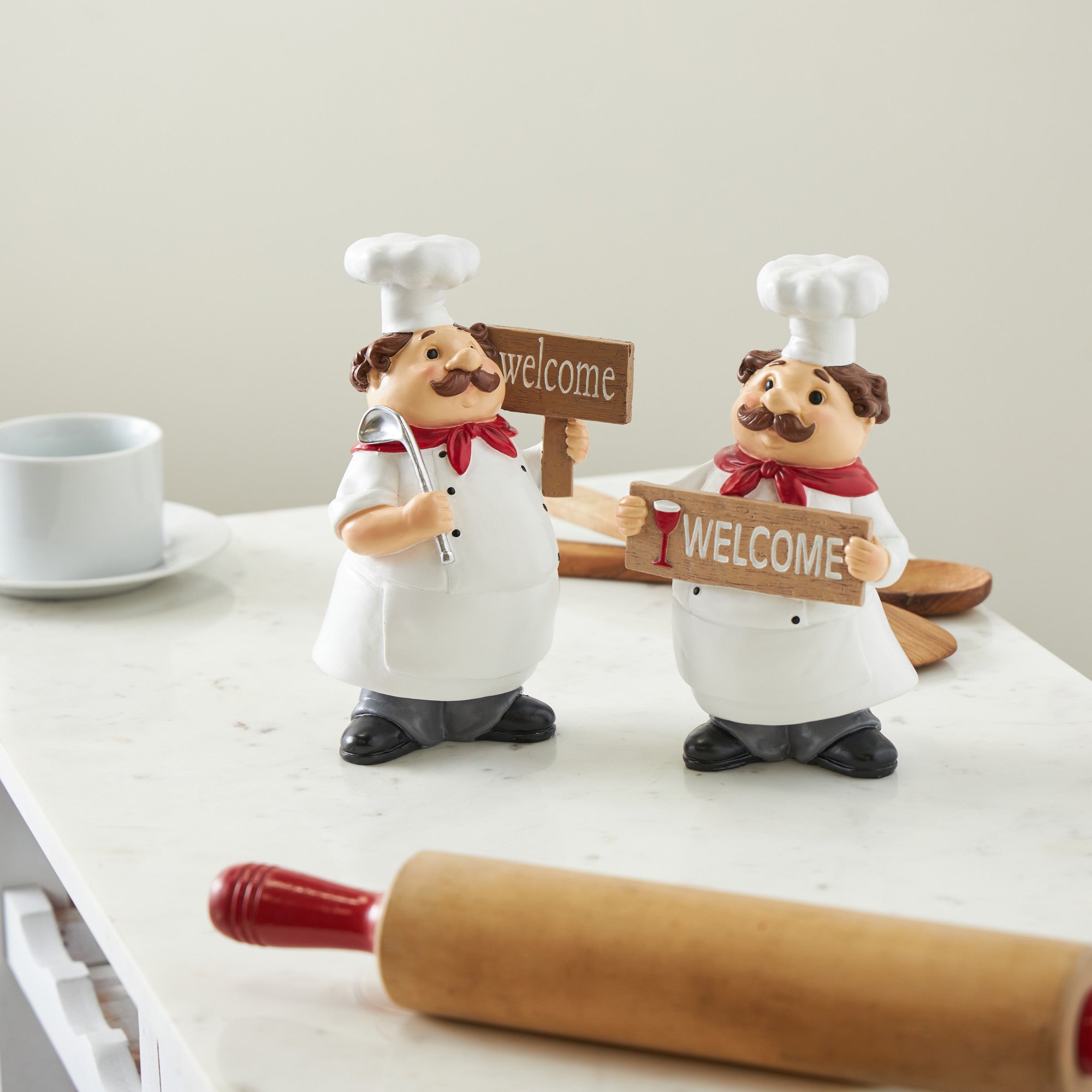 Set of 2 Chef White Polystone Kitchen Decorative Figurine Decorative Sculpture with Welcome Signs