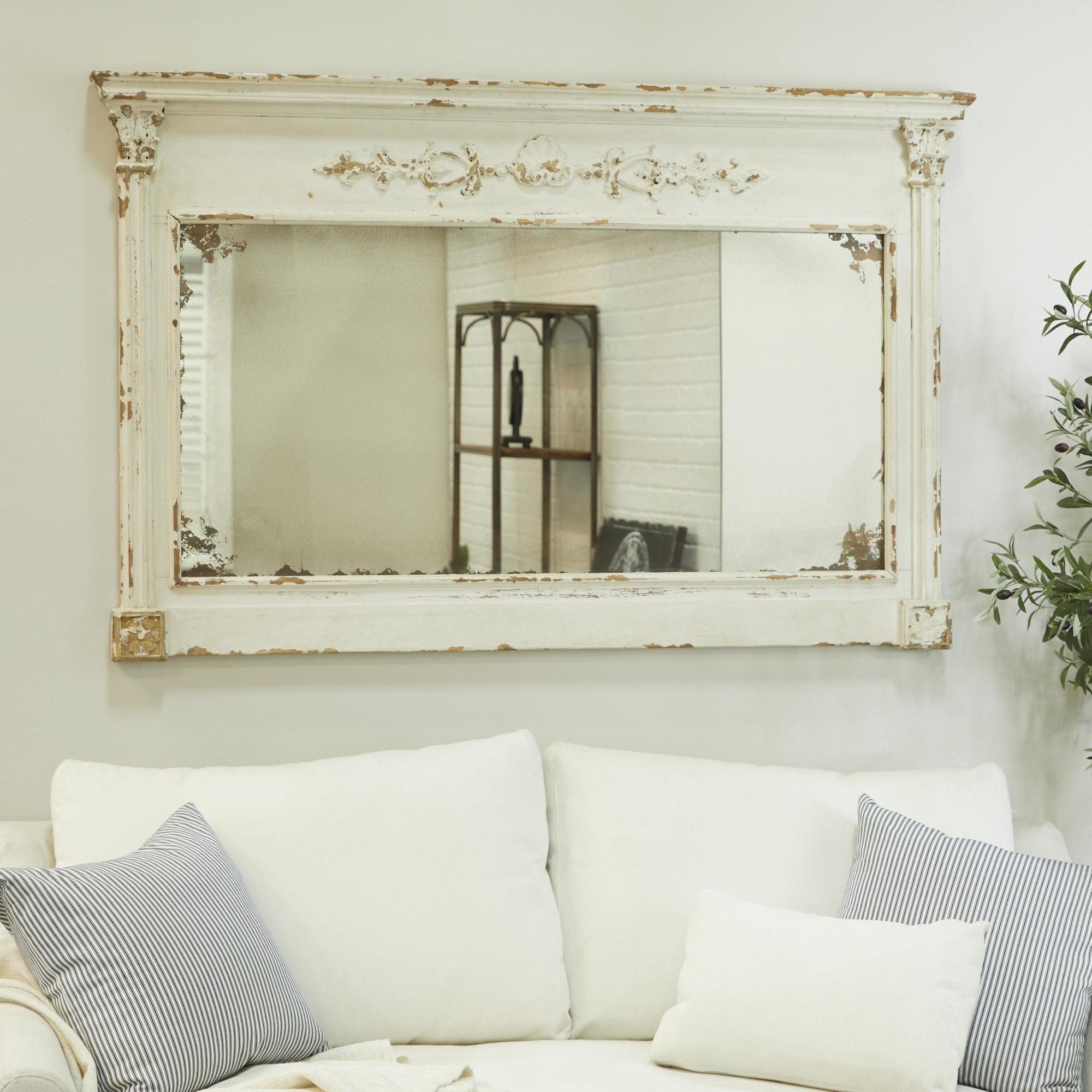 Floral Cream Wood Carved Room Wall Mirror with Distressing