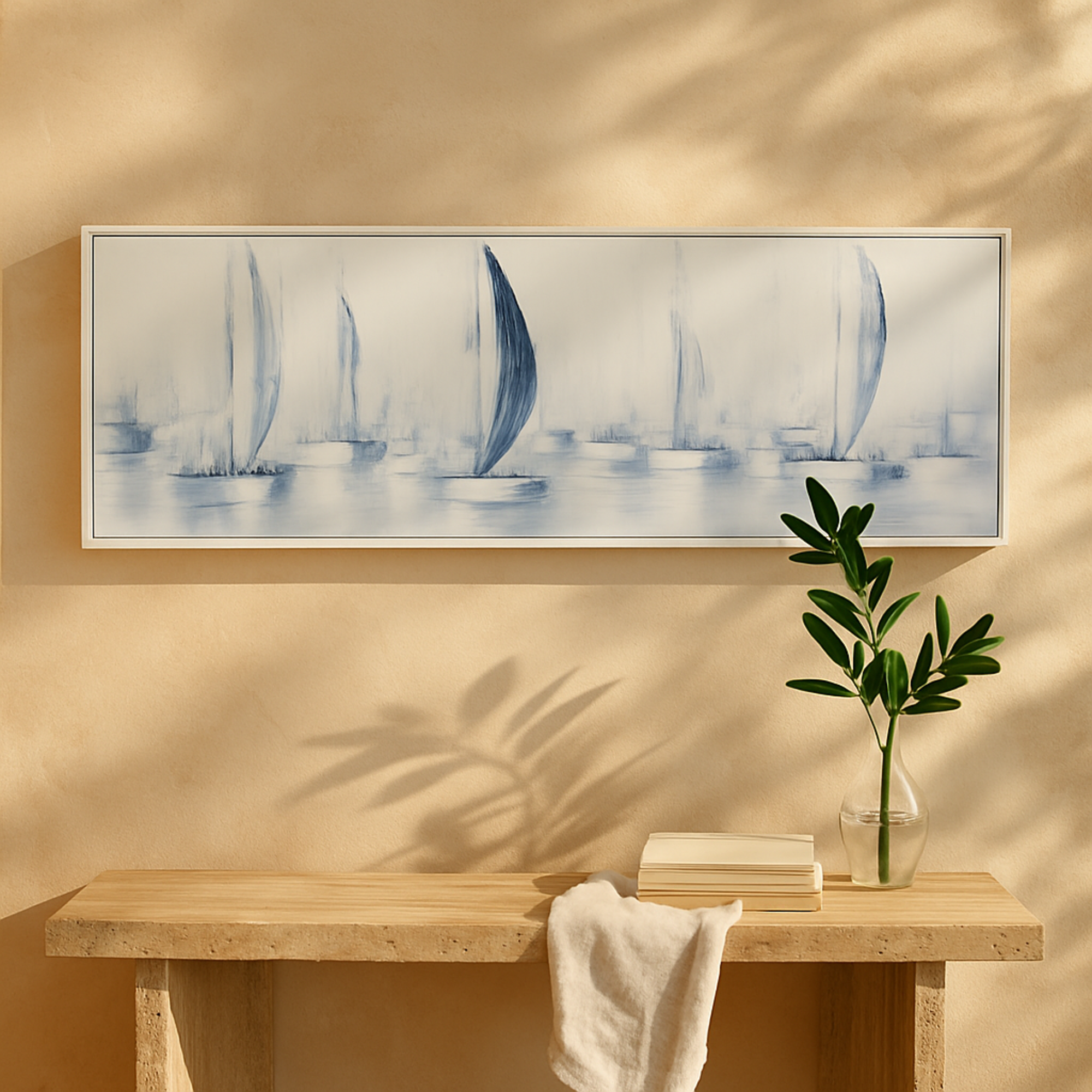 Sail Boat Blue Canvas Living Room Framed Wall Art with White Frame