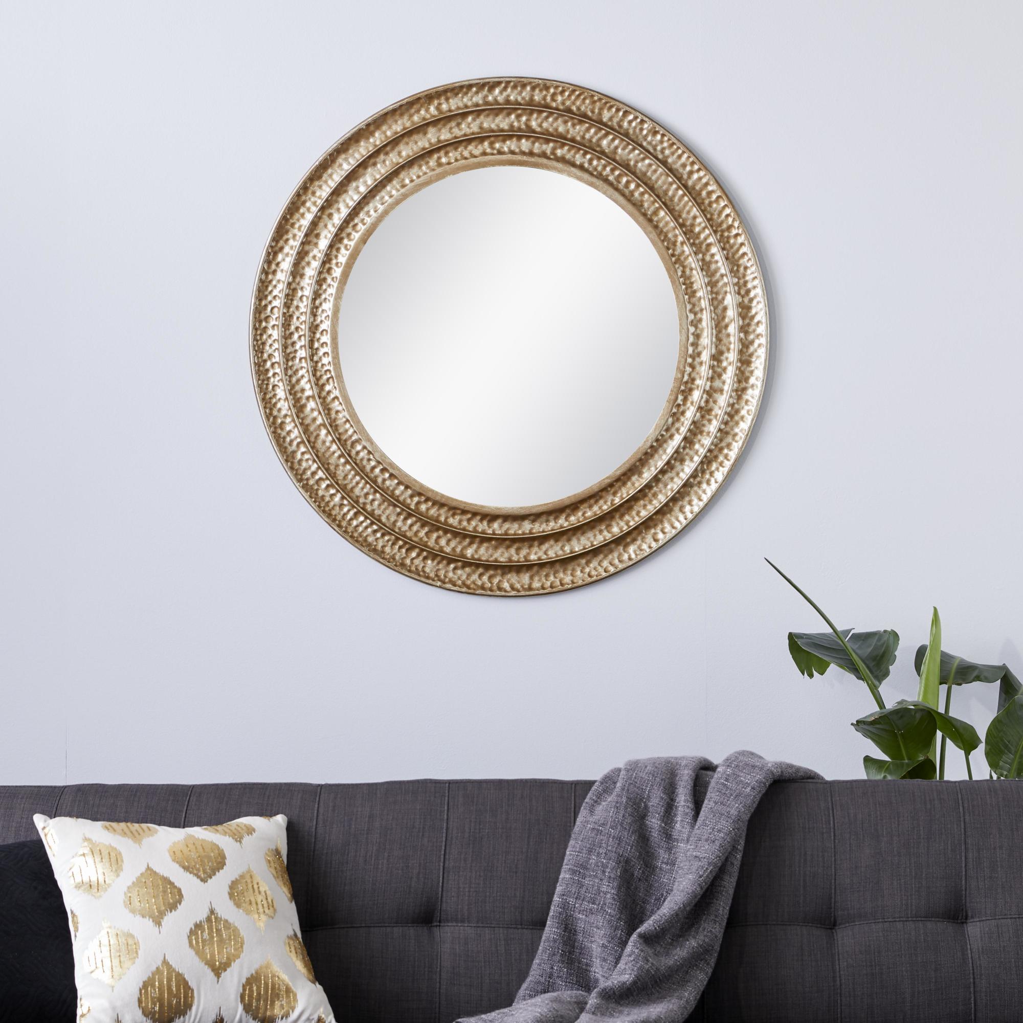 Gold Metal Textured Room Wall Mirror with Grooves