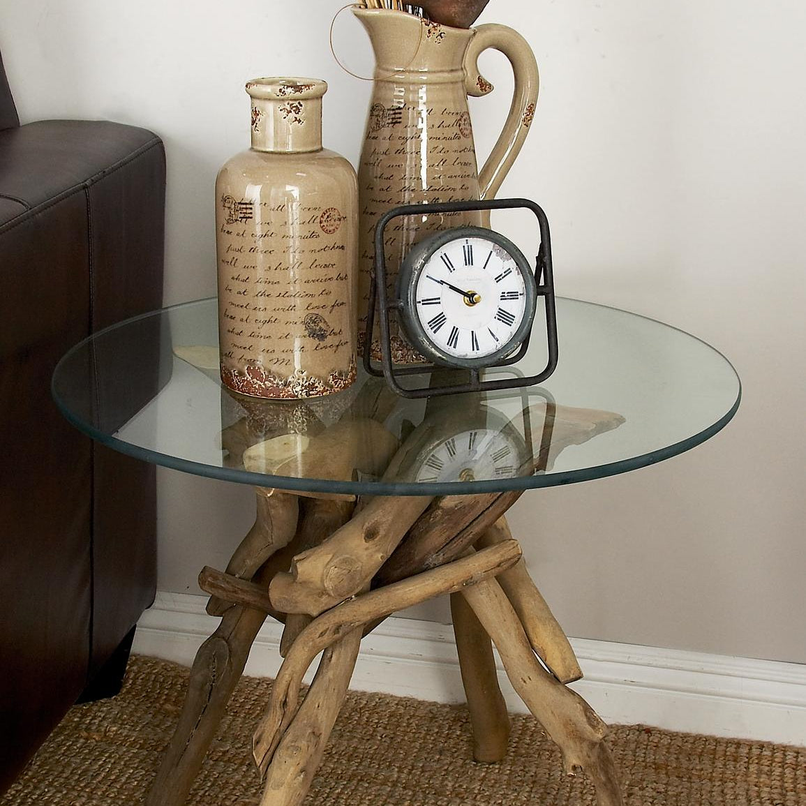 Brown Wood Handmade Tree Branch Side End Accent Table with Clear Glass Top
