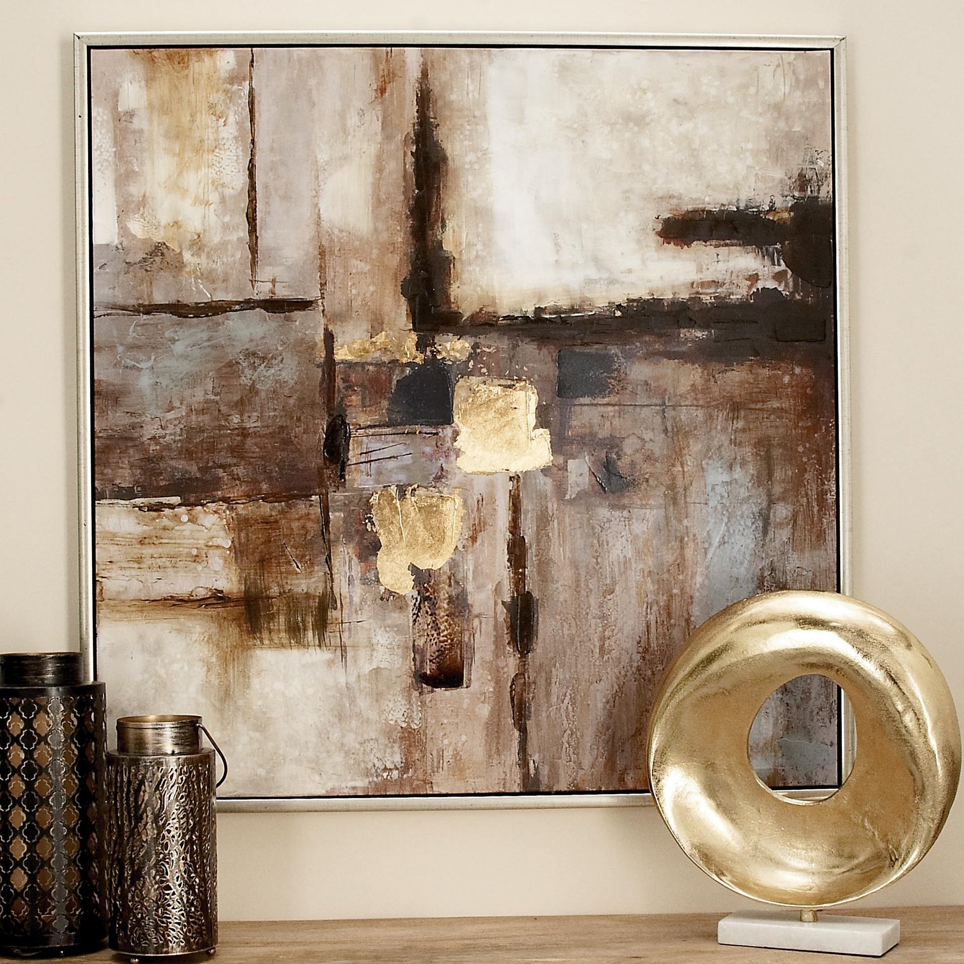 Abstract Brown Canvas Living Room Framed Wall Art with Silver Frame