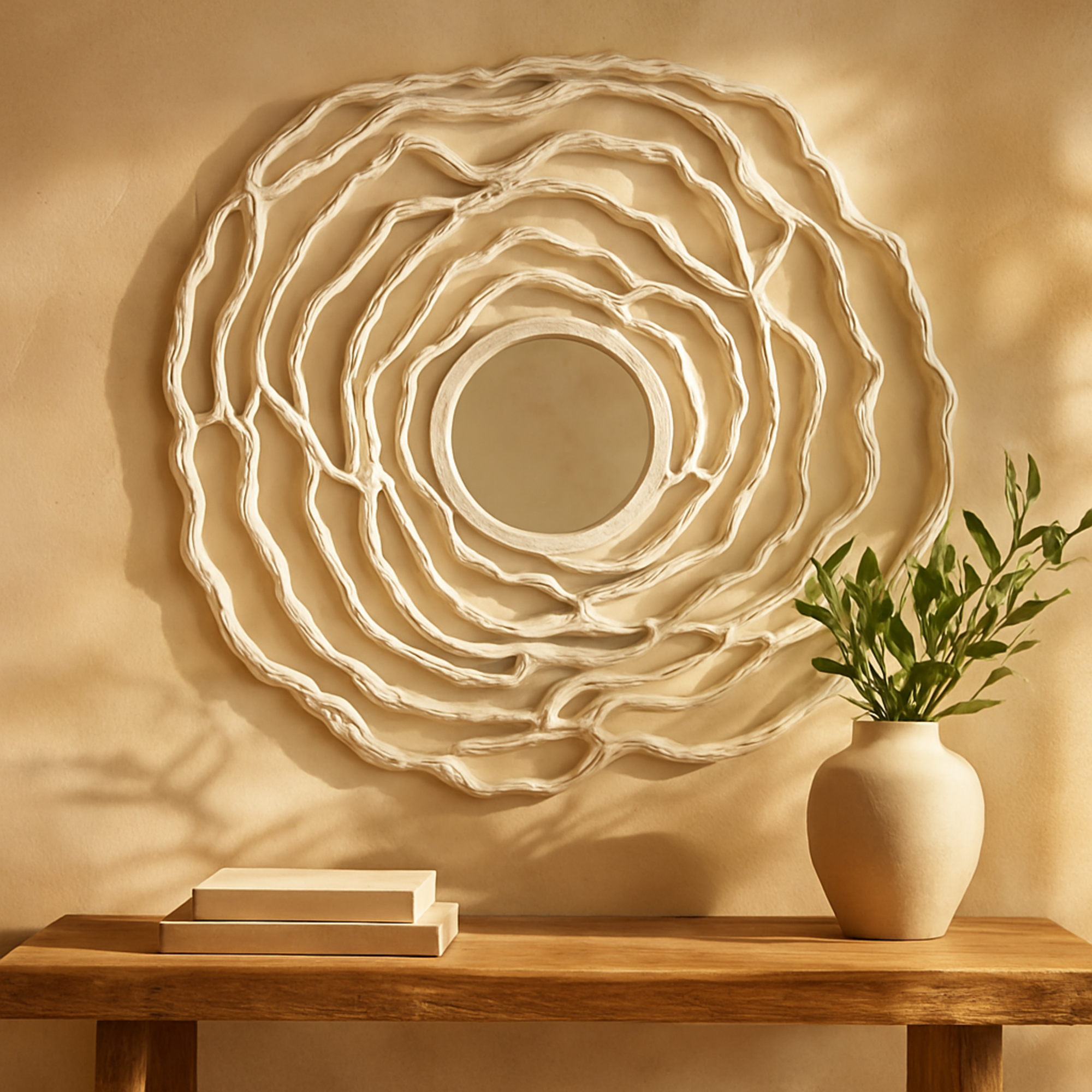 Floral White Wooden Carved Room Wall Mirror with Cutout Design