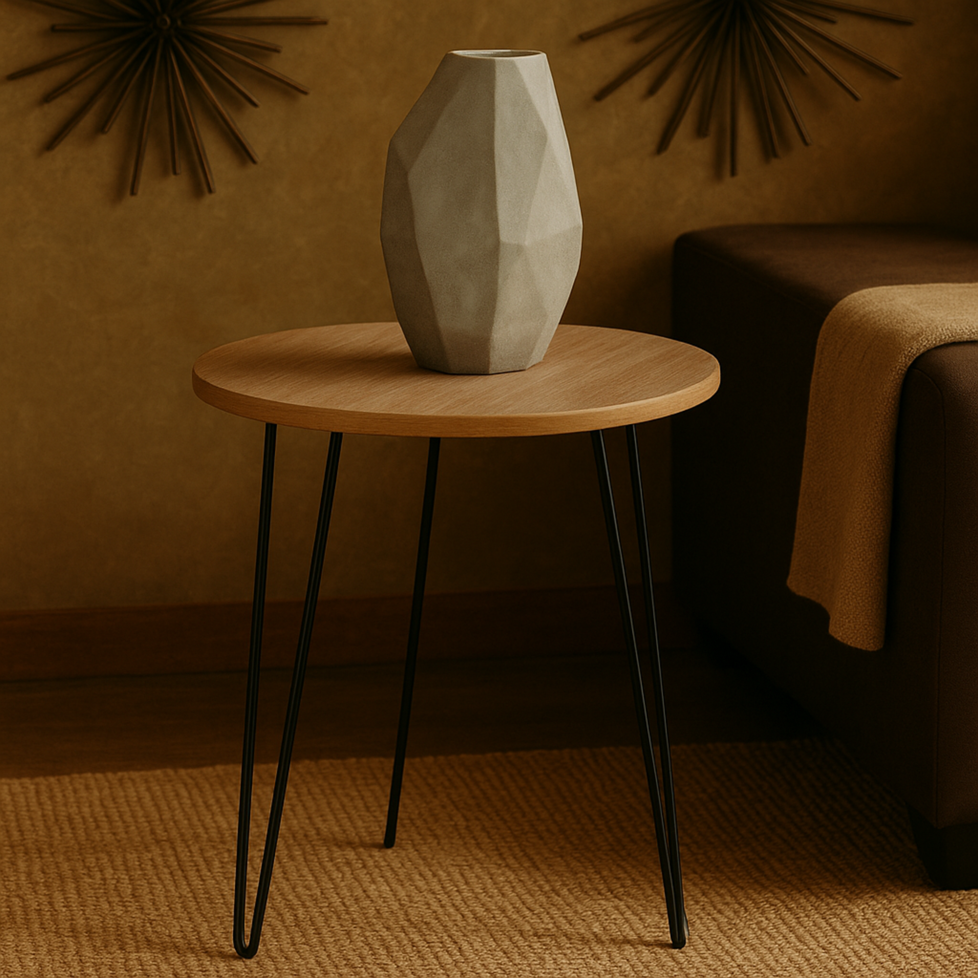 Brown Wooden Side End Accent Table with Black Metal Hairpin Legs