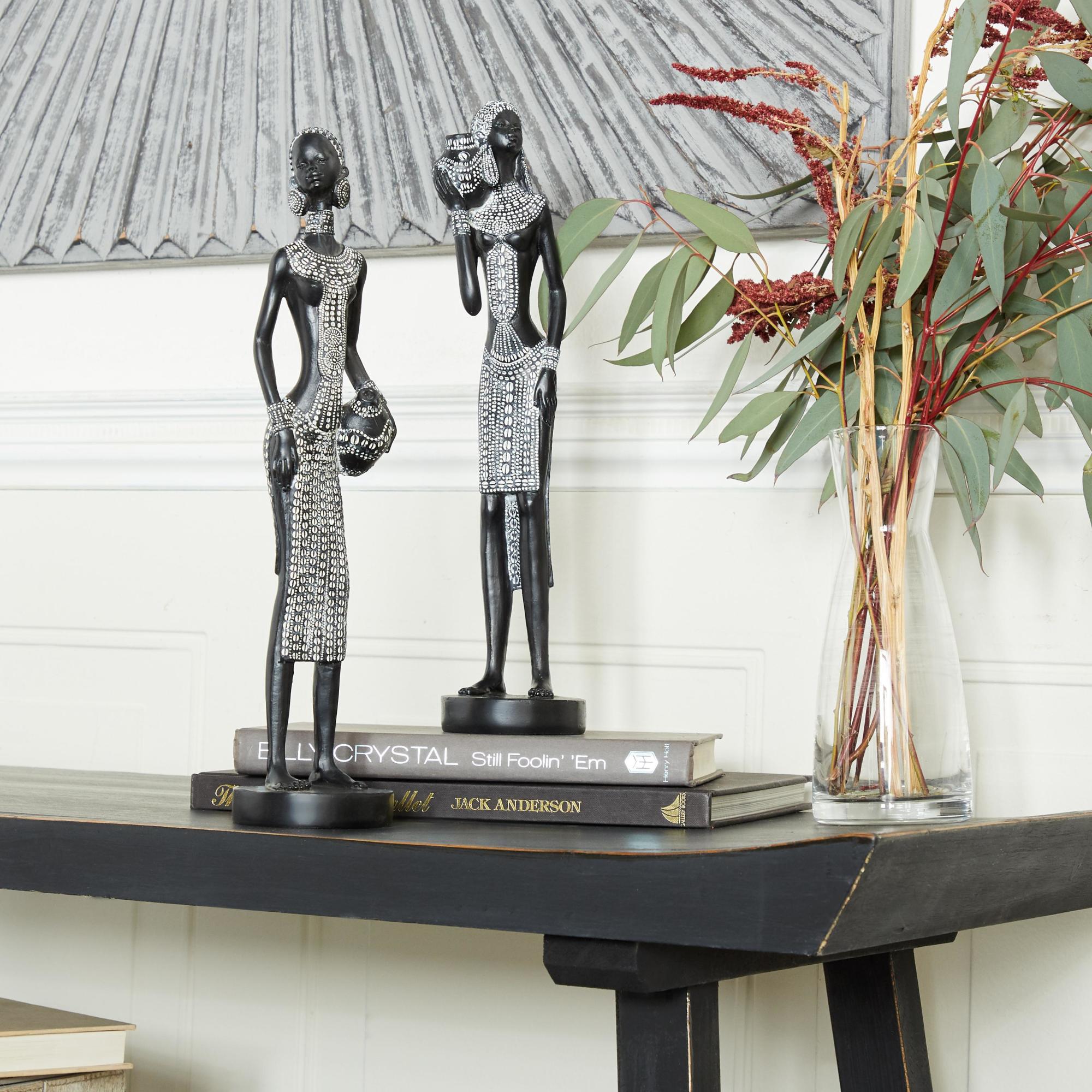 Set of 2 Woman Black Polystone Standing African Decorative Sculpture with Intricate Details