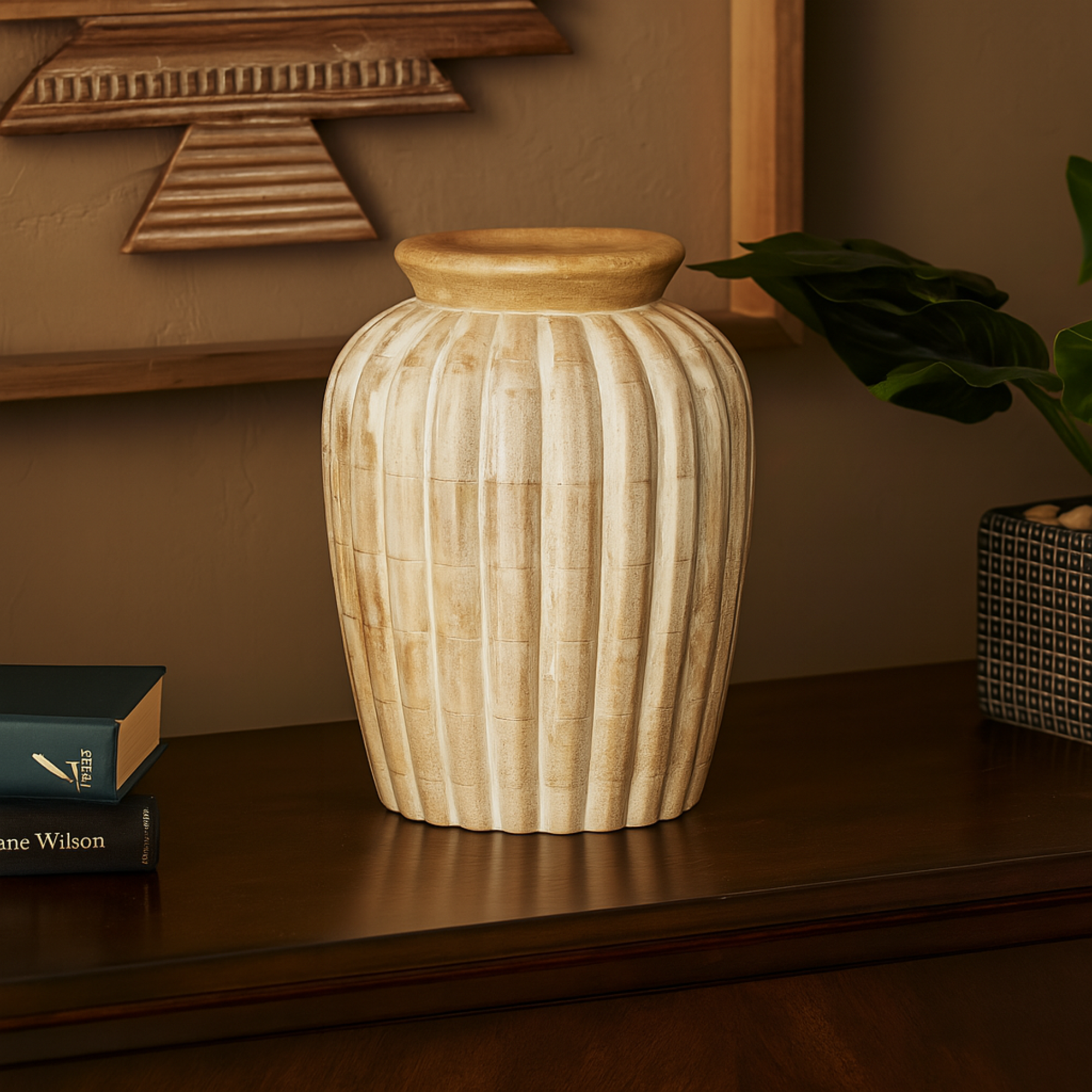 Light Brown Mango Wood Distressed Decorative Vase with Carved Ridges