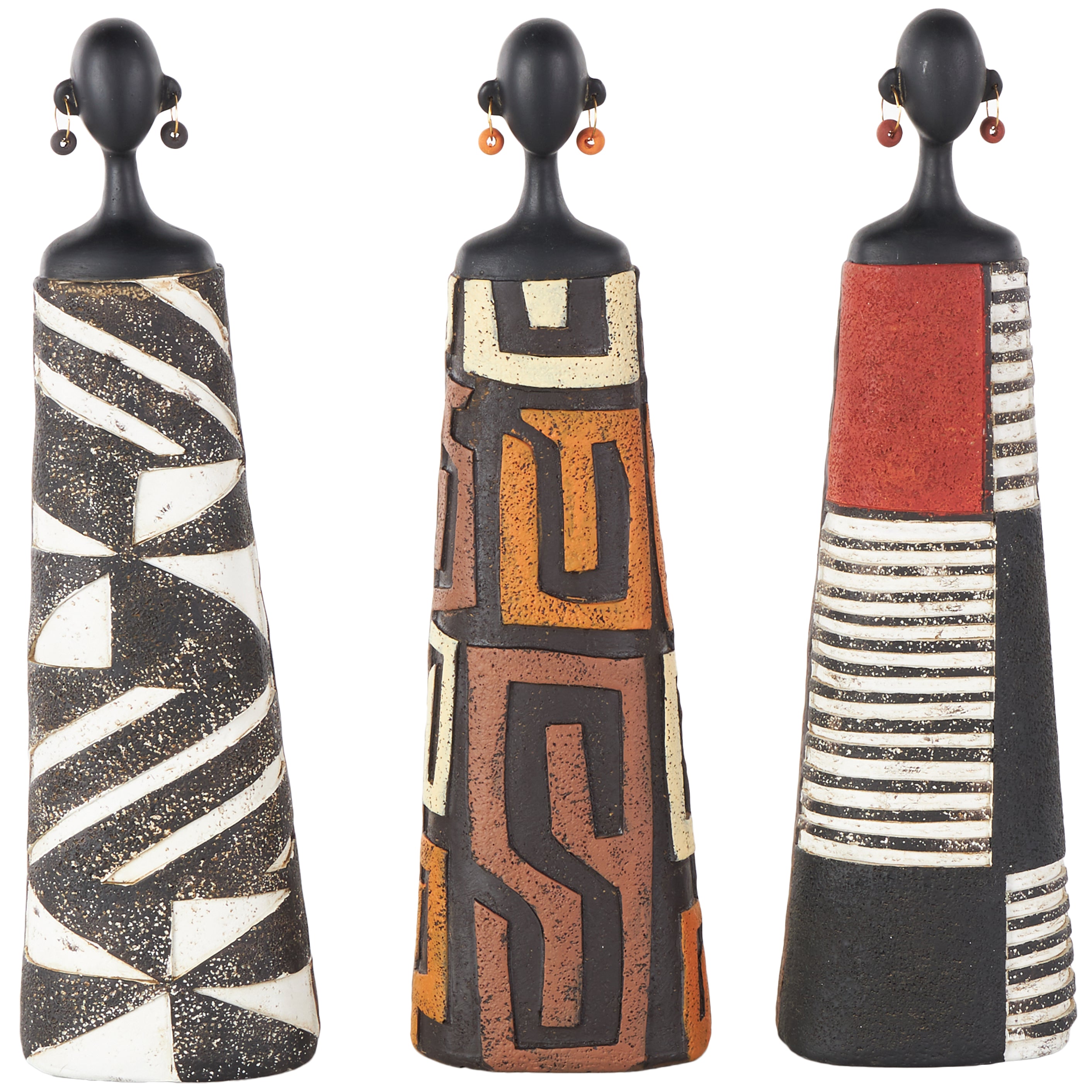 Set of 3 Woman Black Resin African Decorative Sculpture with Red, Orange, and White Dresswear