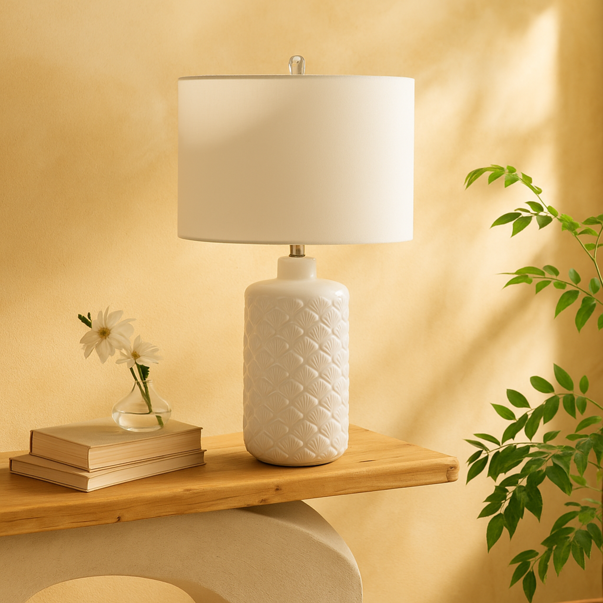 Shell White Ceramic Embedded Room Table Lamp with Drum Linen Shade