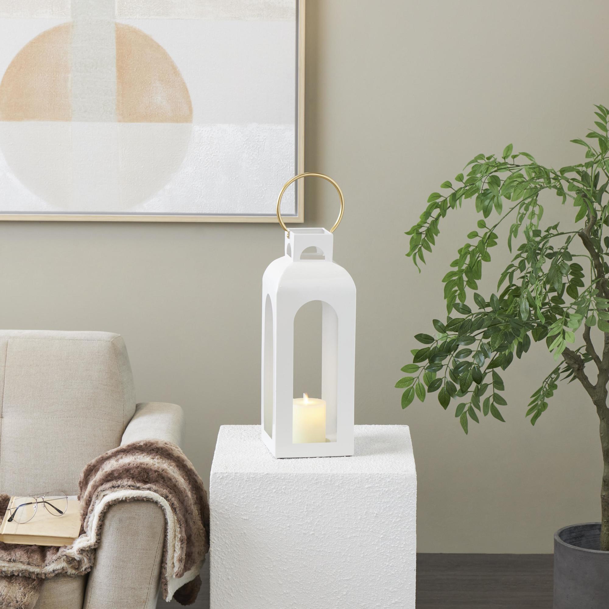 White Metal Tall Arched Cutout Indoor Outdoor Candle Lantern with Gold Handle