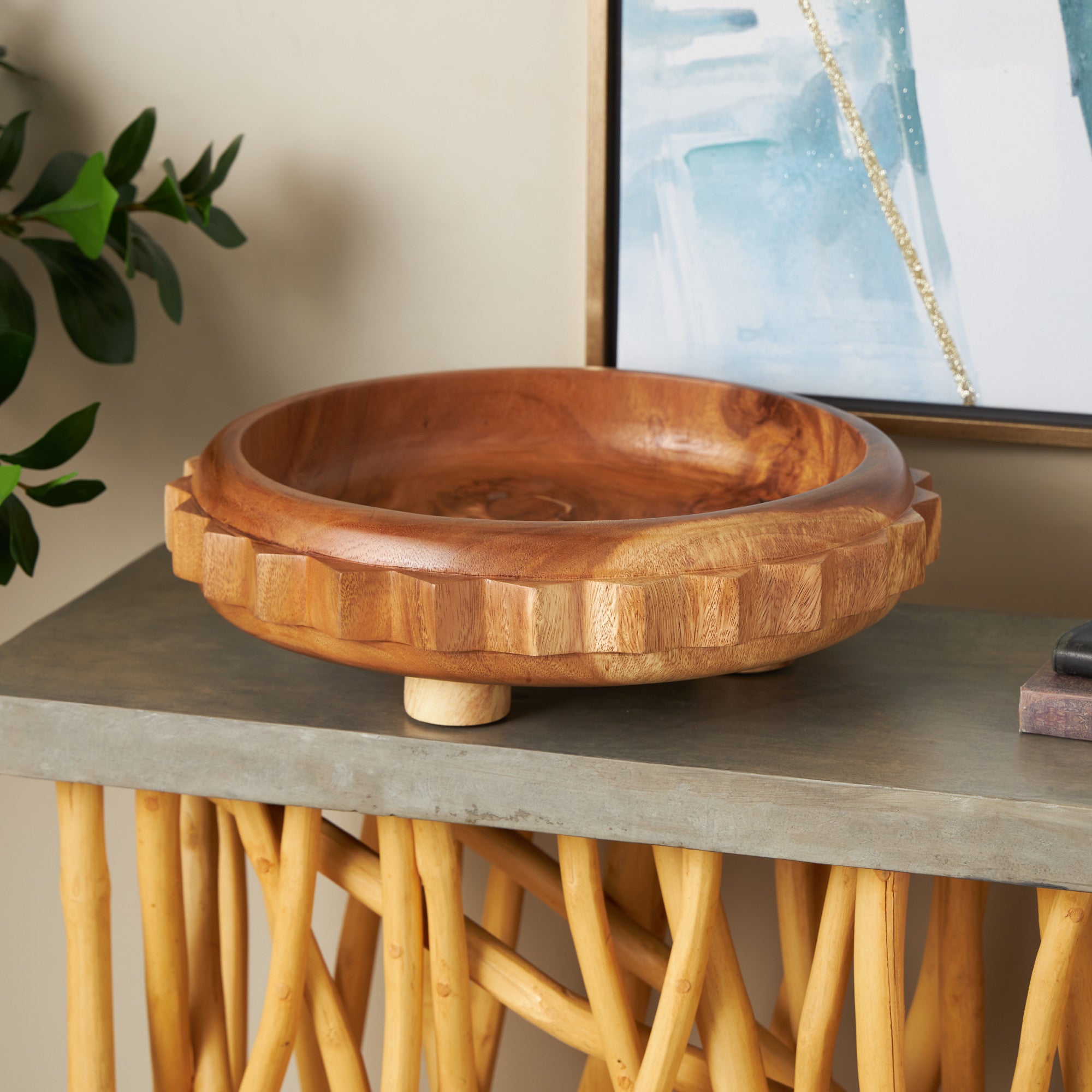 Gear Brown Teak Wood Handmade Large Decorative Bowl with Peg Leg