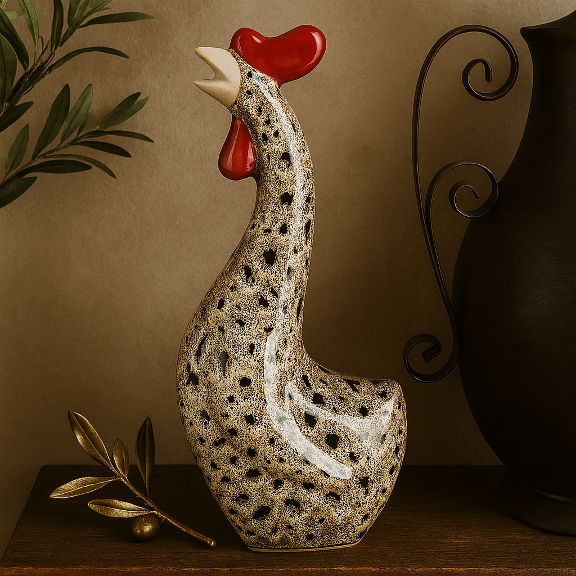 Set of 2 Rooster Cream Ceramic Indoor Outdoor Standing Decorative Garden Sculpture with Reactive Glaze Finish