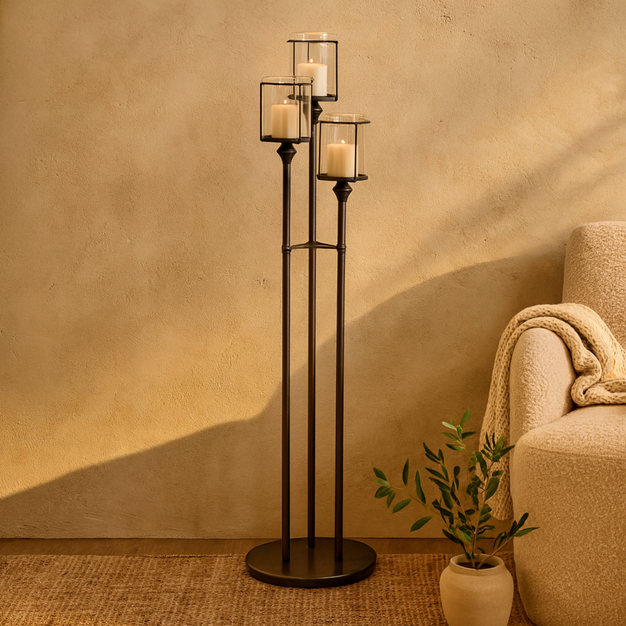 Black Metal Tall Floor Room Hurricane Lamp with 3 Posts and Round Base