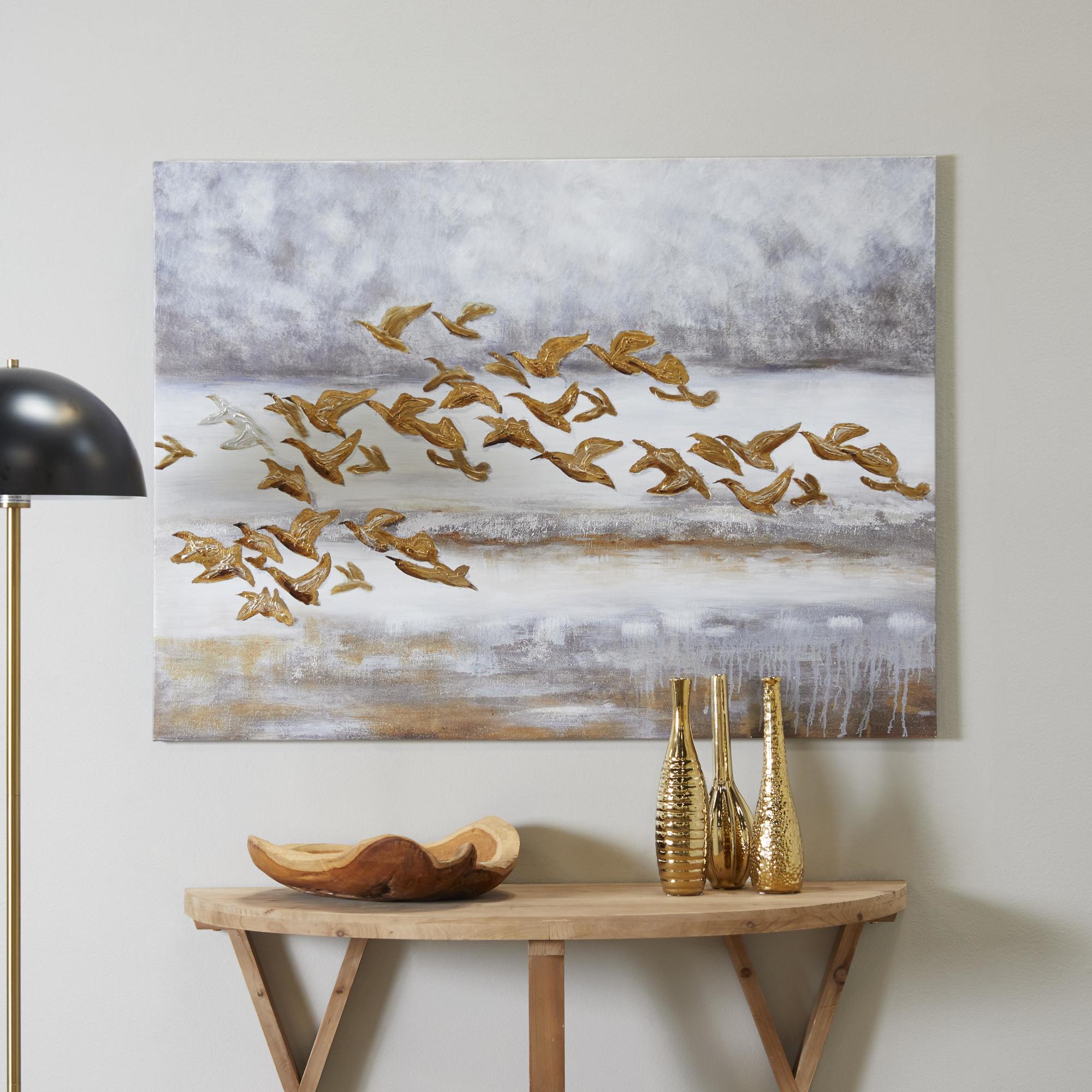 Bird Gold Canvas Living Room Framed Wall Art with Silver Frame