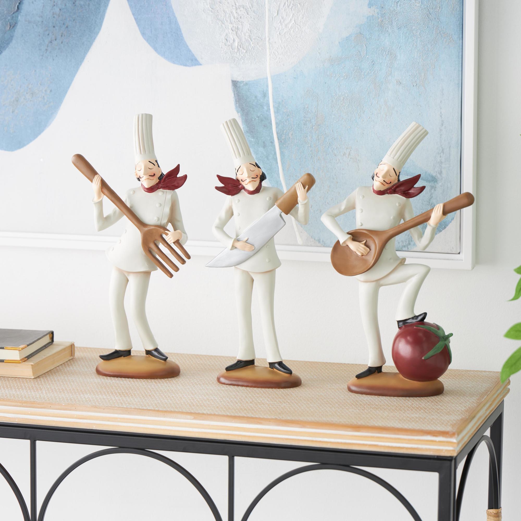 Set of 3 Chef White Polystone Decorative Sculpture with Musical Instruments