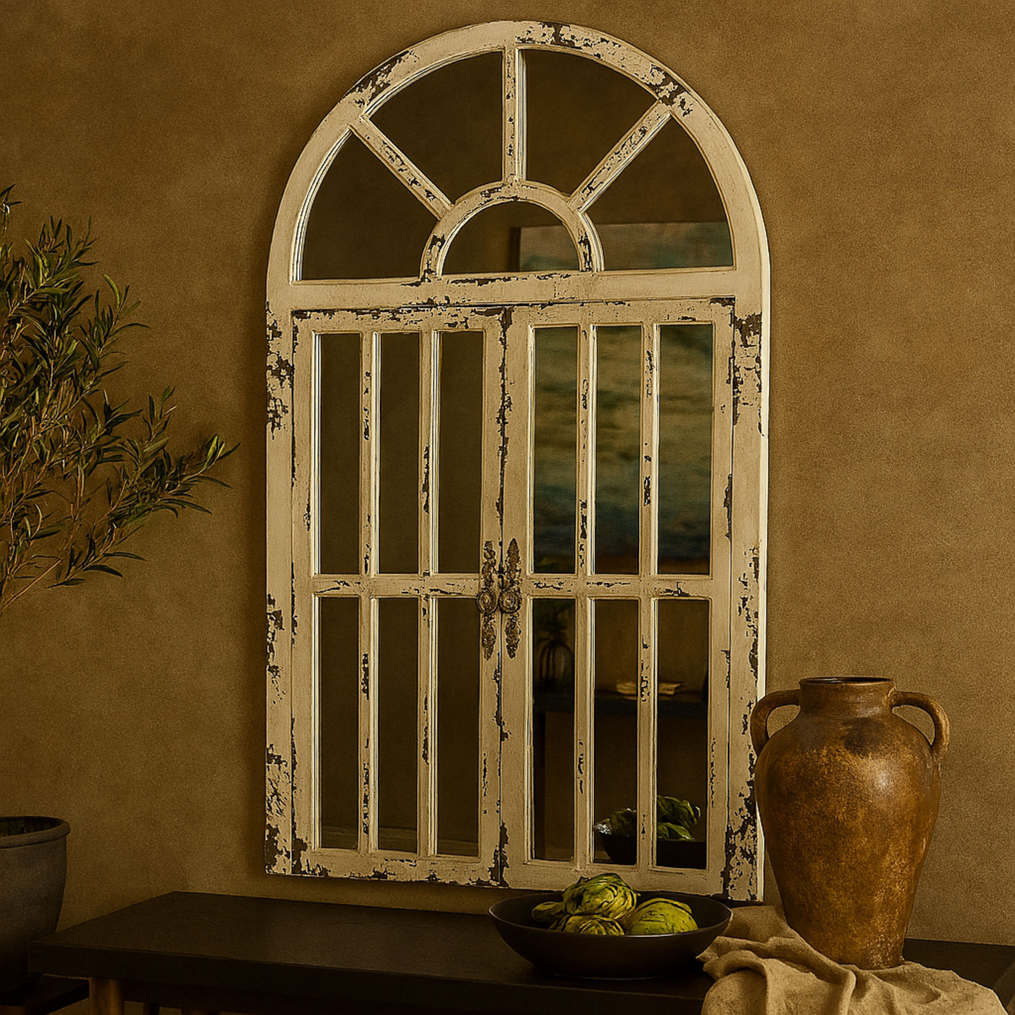 White Wood Window Pane Inspired 2 Door Room Wall Mirror with Arched Top and Distressing