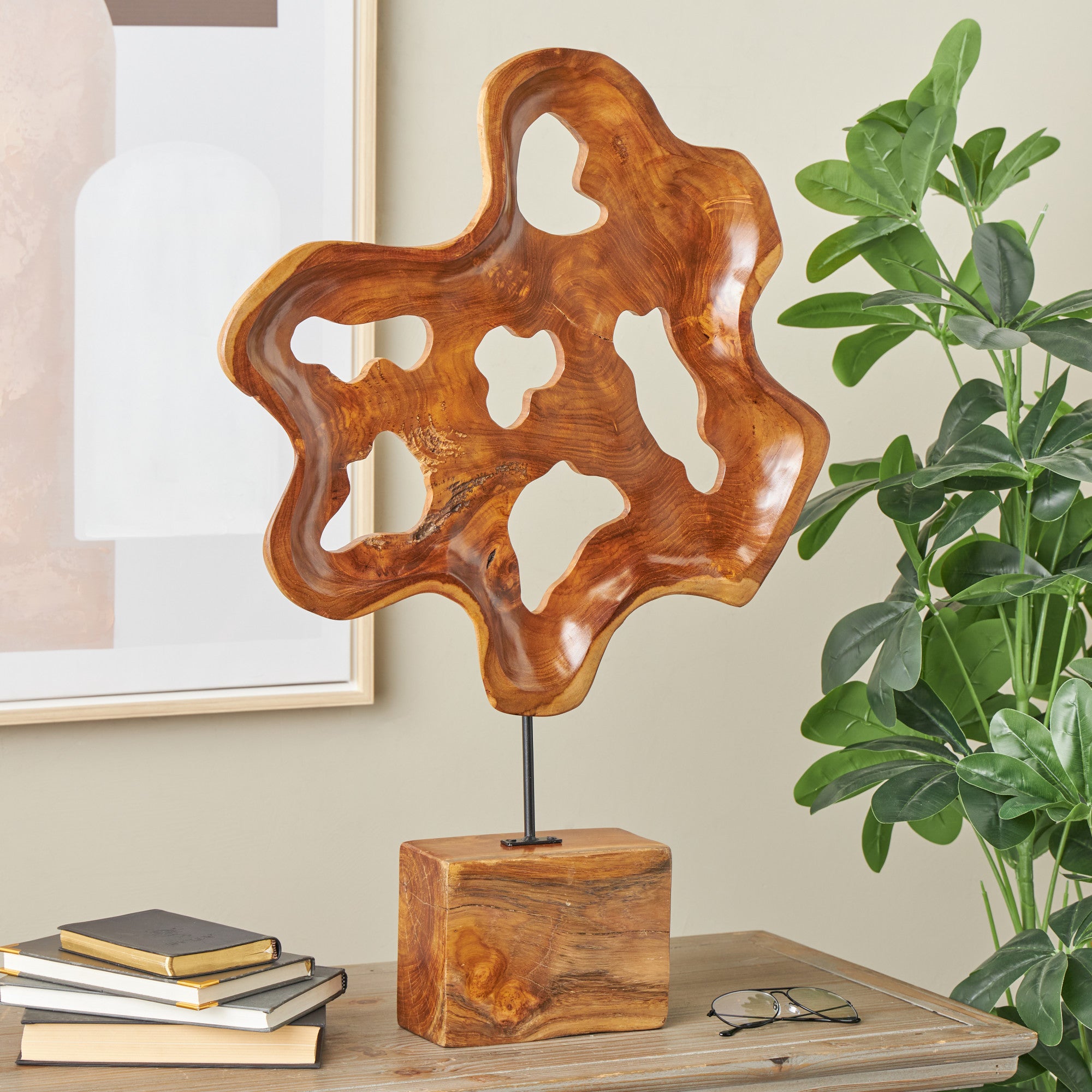 Abstract Brown Teak Wood Cutout Decorative Sculpture with Block Base